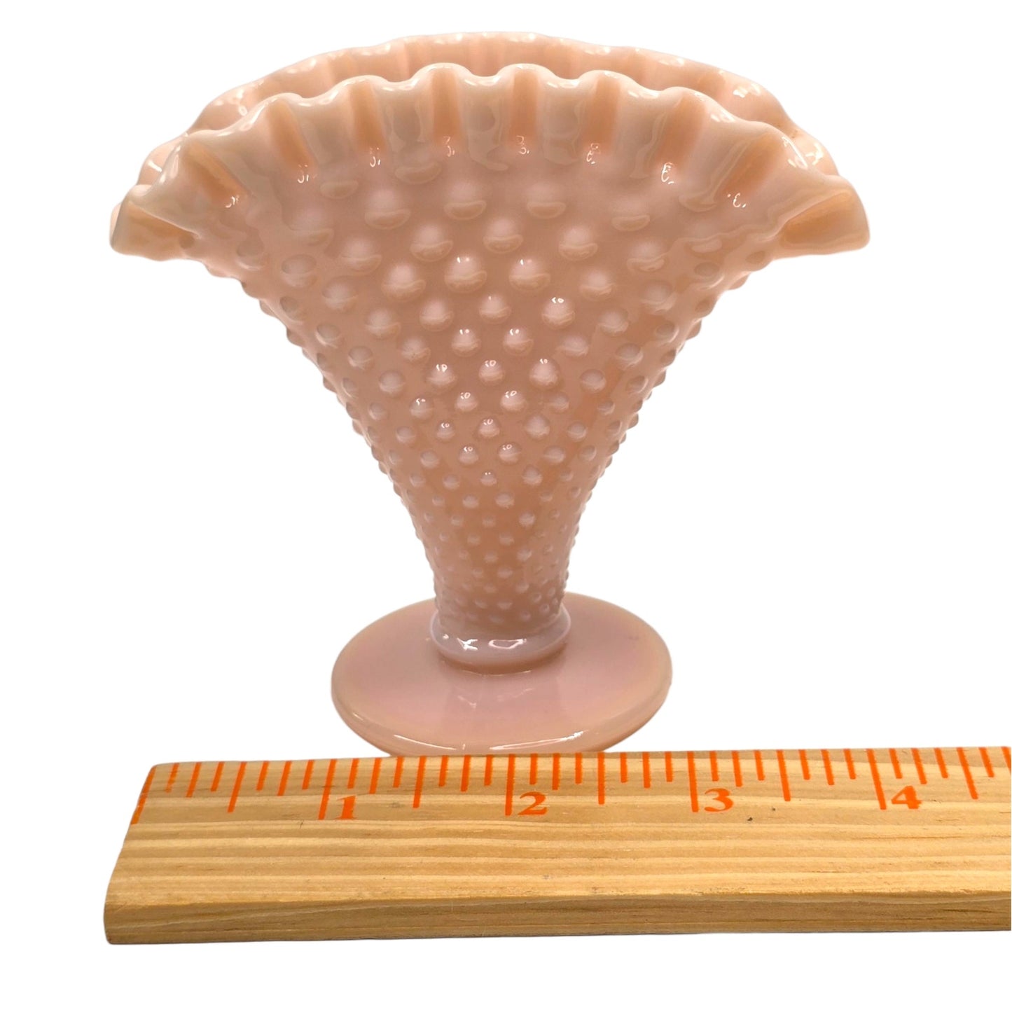 Vtg Fenton Pastel Pink Milk Glass Hobnail Fan Vase 4" Trumpet Uranium Reactived
