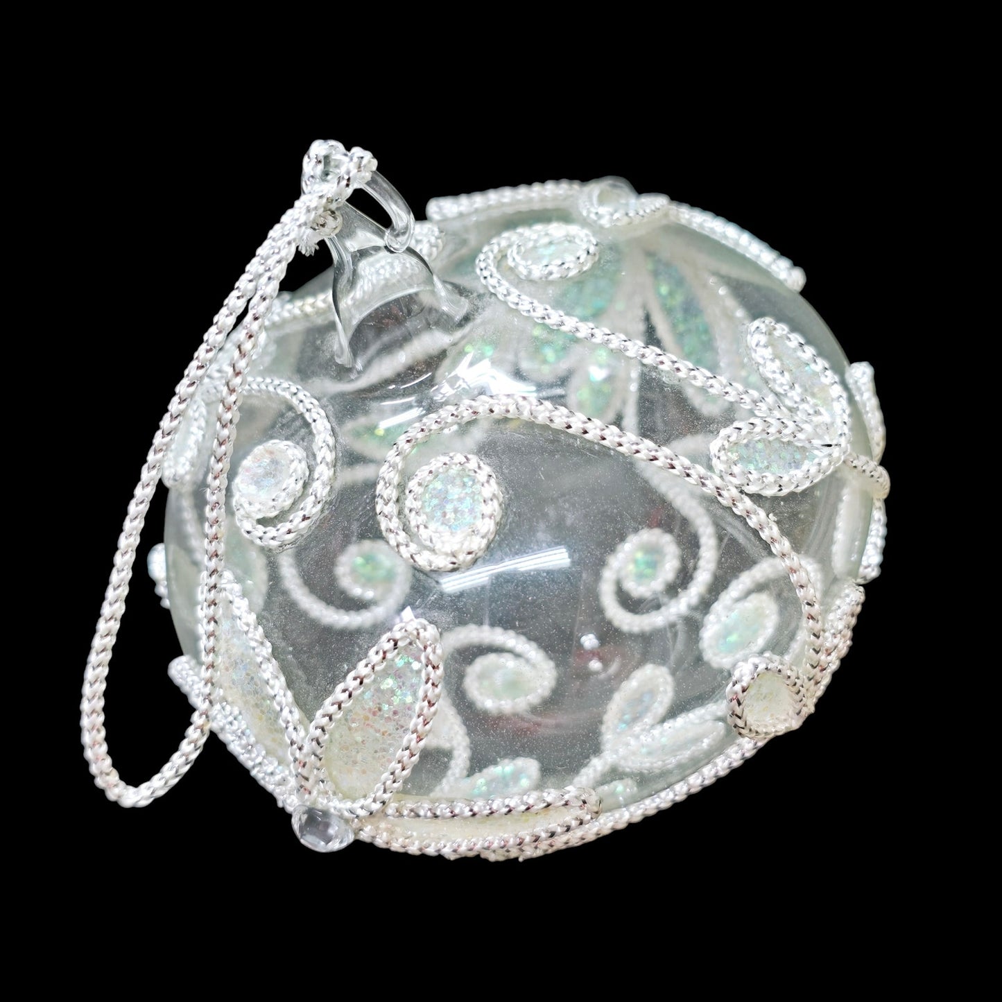 Glass Embellished Ornament, White Iridescent Floral Trim
