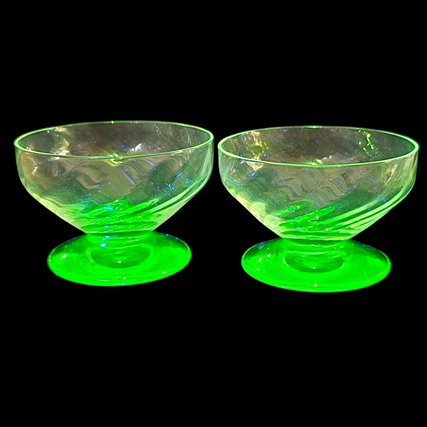 Vtg Uranium Glass Open Salts, 1.5" H, Optic Green Glass Pedestal Mini Glass Cups