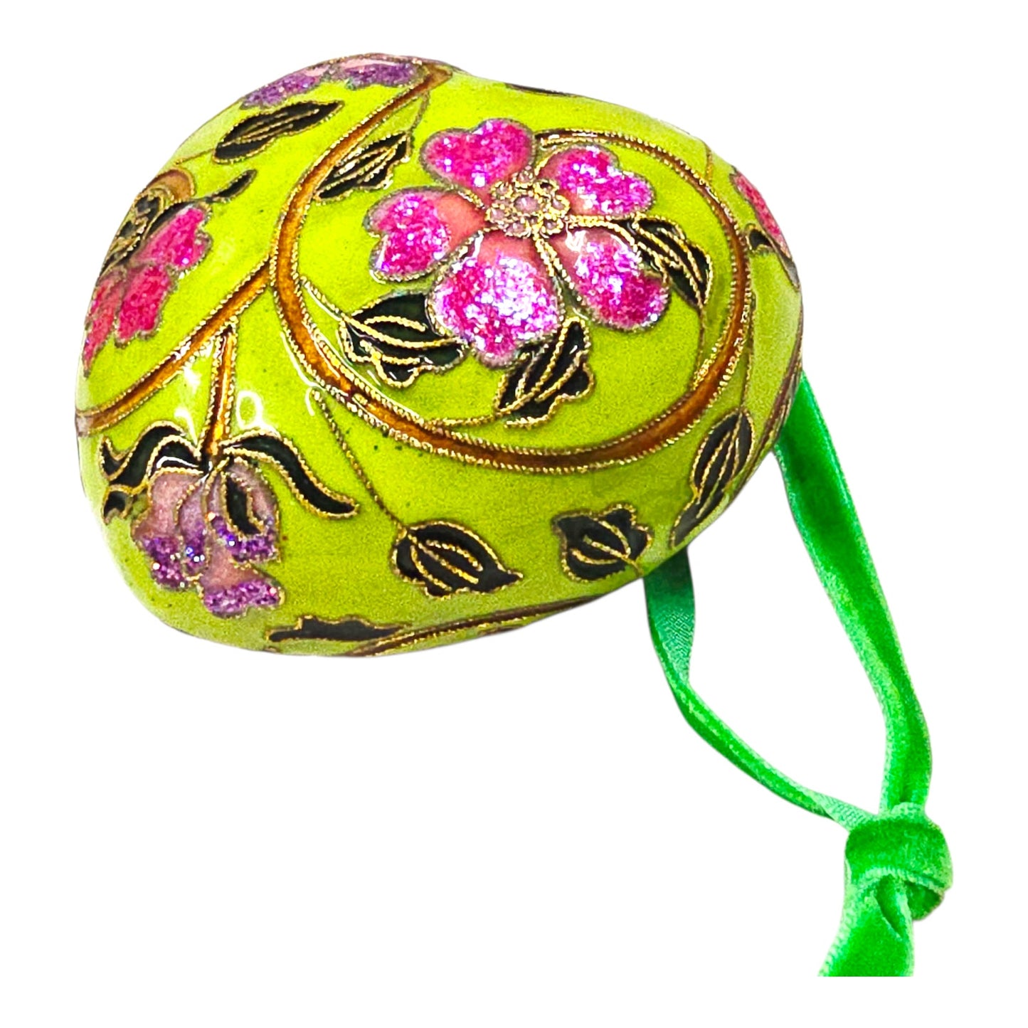 Cloisonne Puffy Heart Hanging Decor Ornament Green with Red Purple Flowers