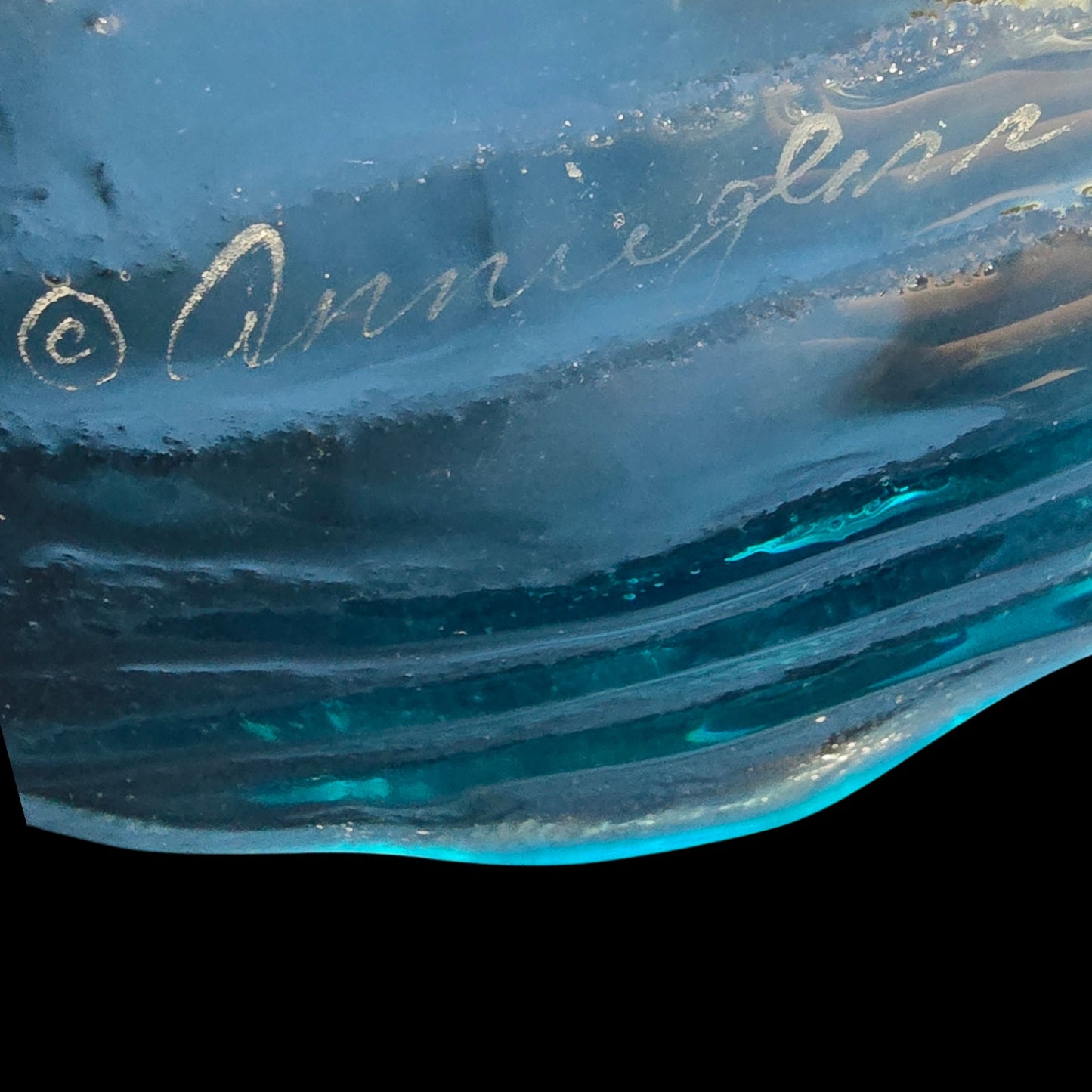 Annieglass Signed, Numbered, Oval Platter, Leaf Dish Handcrafted Artisan Glass Made in USA, Textured Ribbed Glass