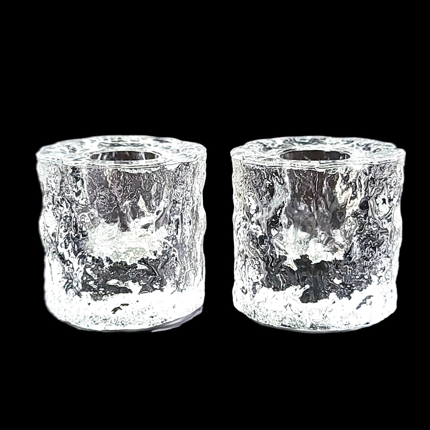 Textured Ice Glass Candle Holders, Ice Block Round Candlesticks, Set of Two 2" Japan