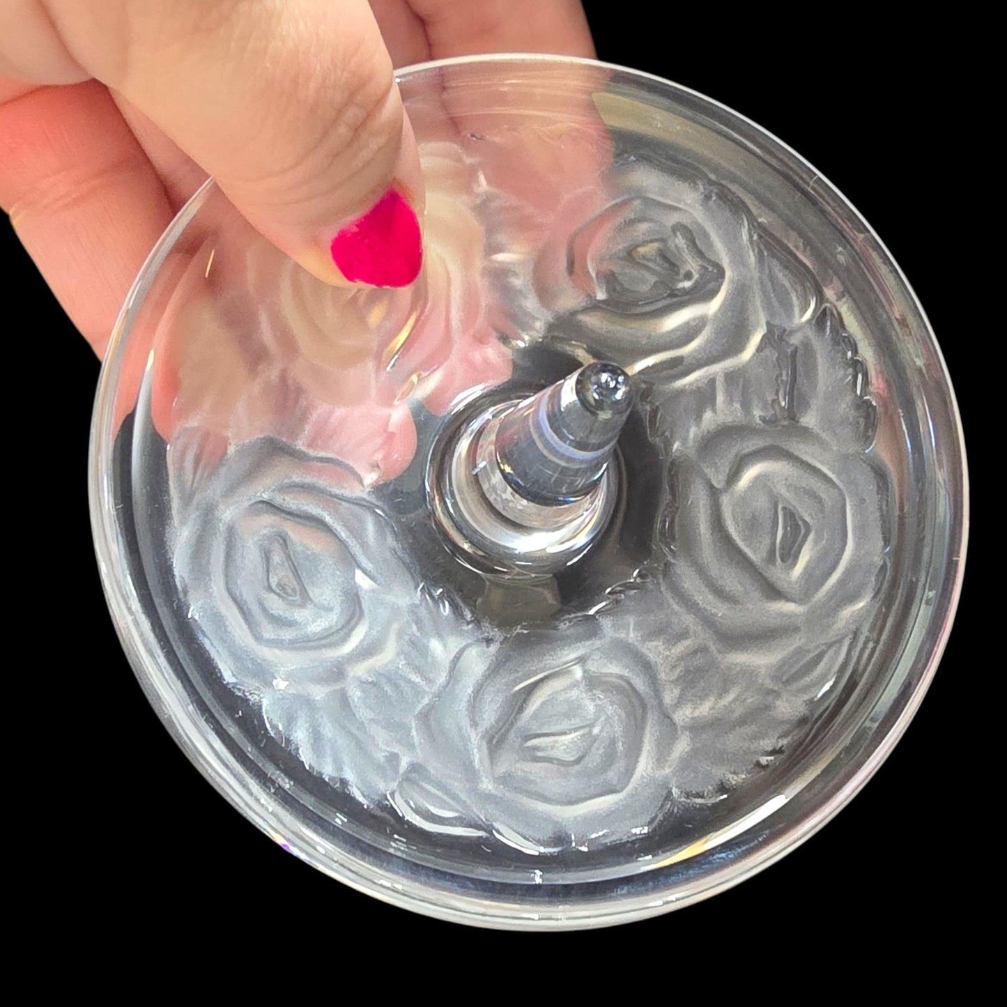 Vintage Clear Glass Ring Holder Dish with Frosted Rose Design Jewelry Tray