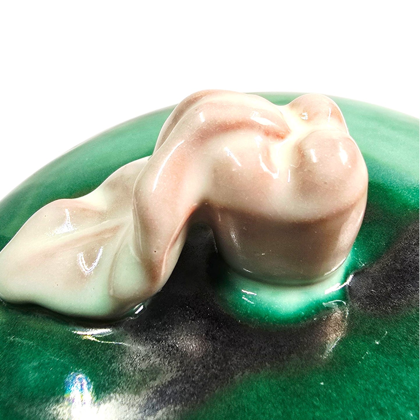 Vintage Stengl Pottery GreenTerra Rose Lidded Bowl Rose Finial Made in Trenton USA