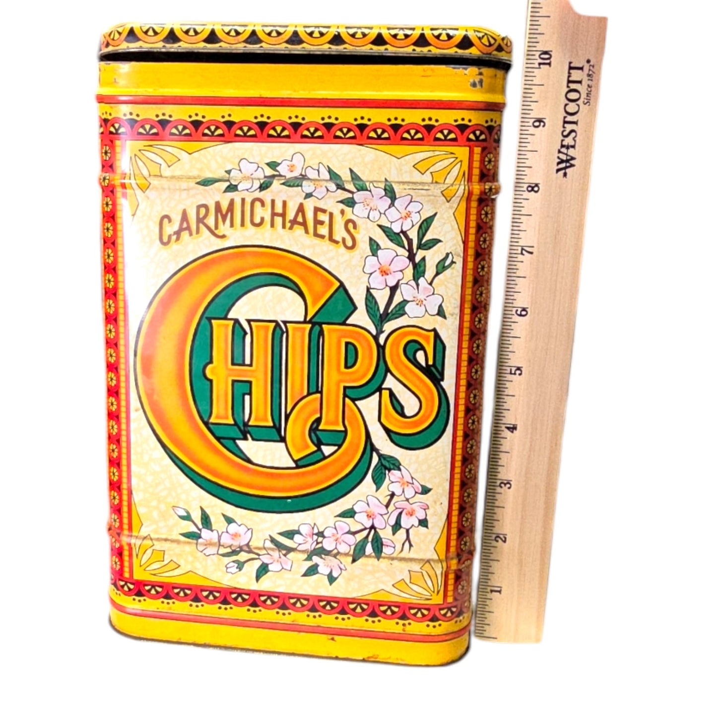 4 pc Vintage Nesting Tin Cannisters, Carmichael's Chips, Hague's Pretzels, Radford's Roasted Nuts and Radford's Spice Jar