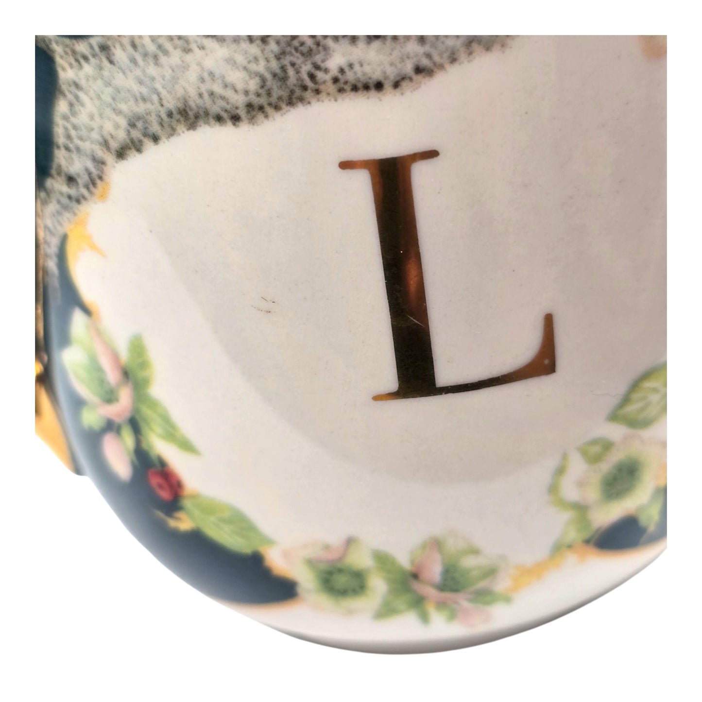 Anthropologie L Mug Monogram Leopard Lou Rota Floral Cup Gold Handle Boho-chic