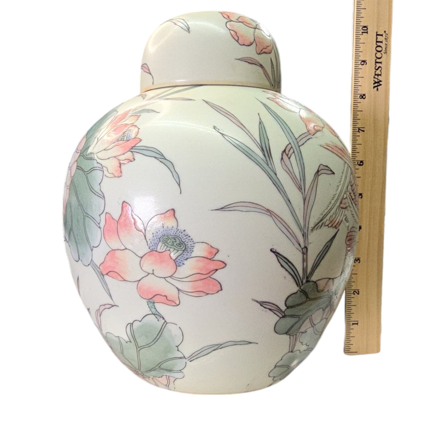Vintage Asian Porcelain Ginger Jar with Lid, Floral Pattern with Birds in Pastel Mint and Peach