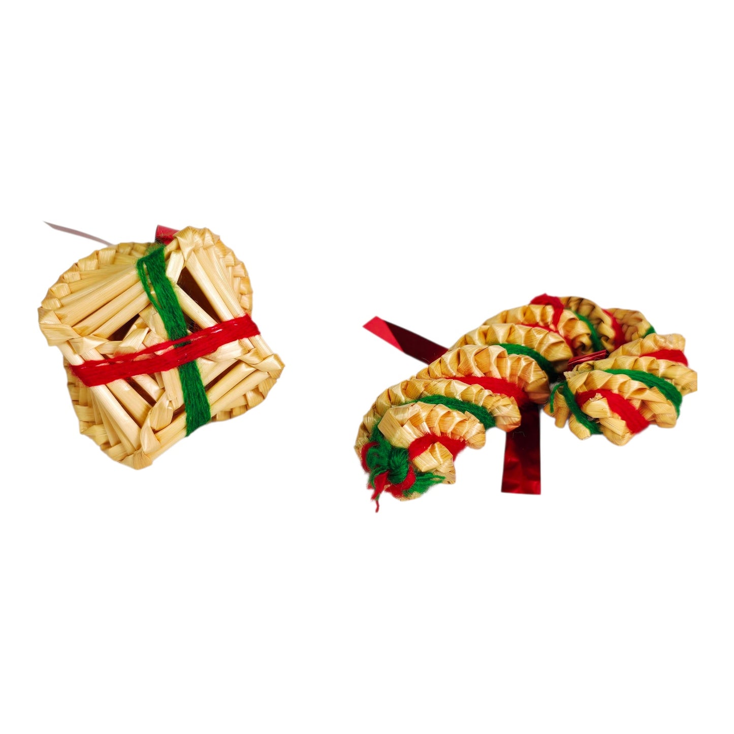 Vtg Folk Art Mexican Siral Woven Christmas Ornaments Set of 2 Tree & Candy Cane