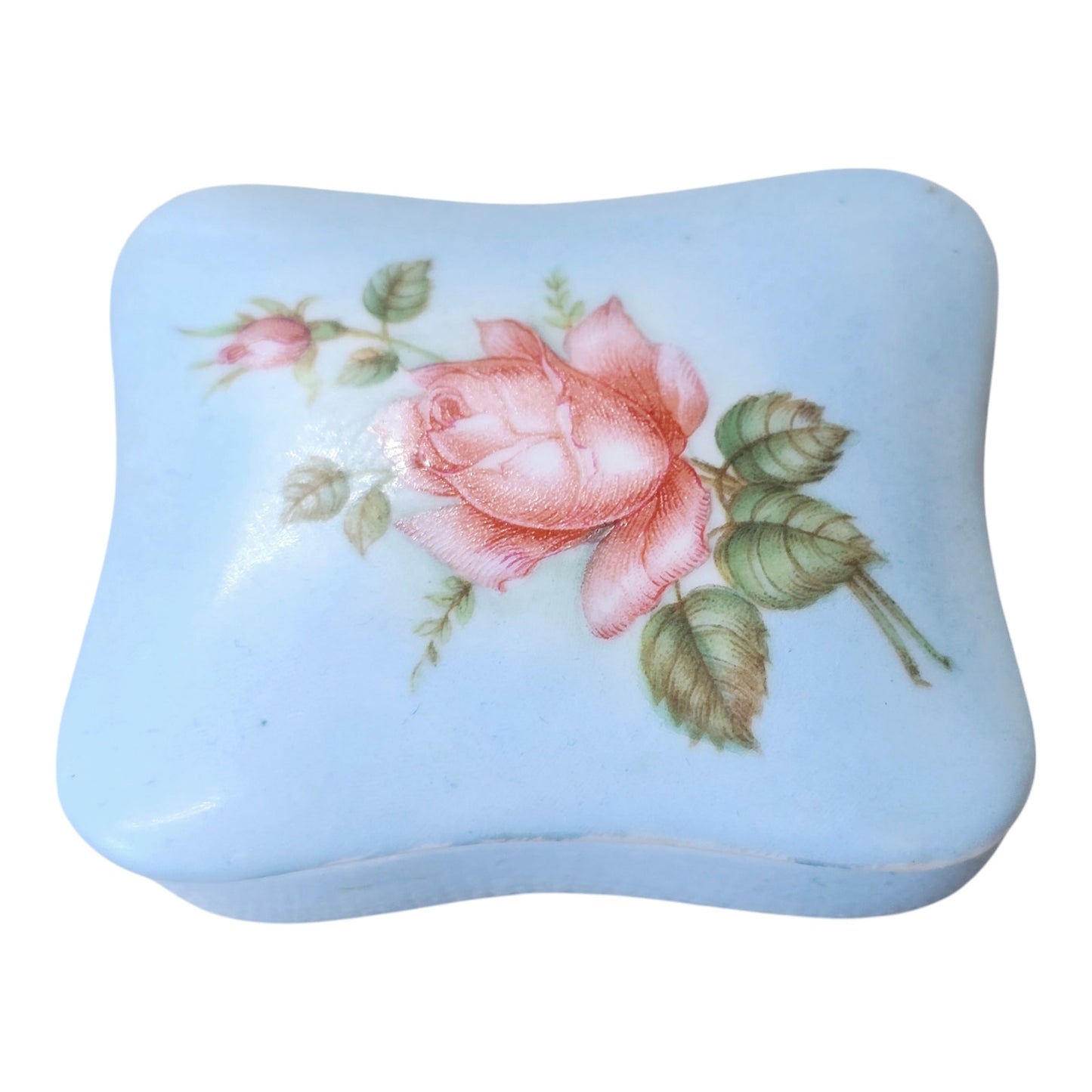 * 1960's Signed Beautiful Rose in Bloom Blue Porcelain Vintage Trinket Box