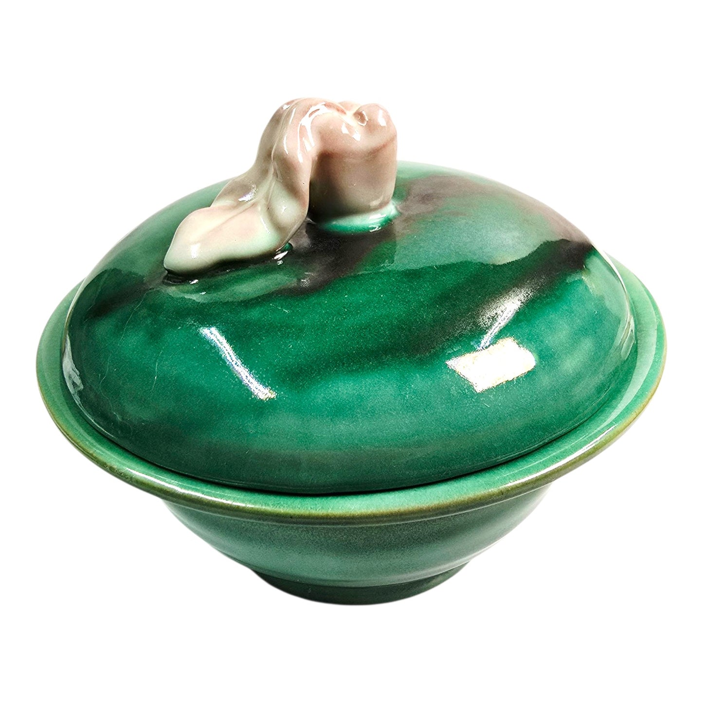 Vintage Stengl Pottery GreenTerra Rose Lidded Bowl Rose Finial Made in Trenton USA