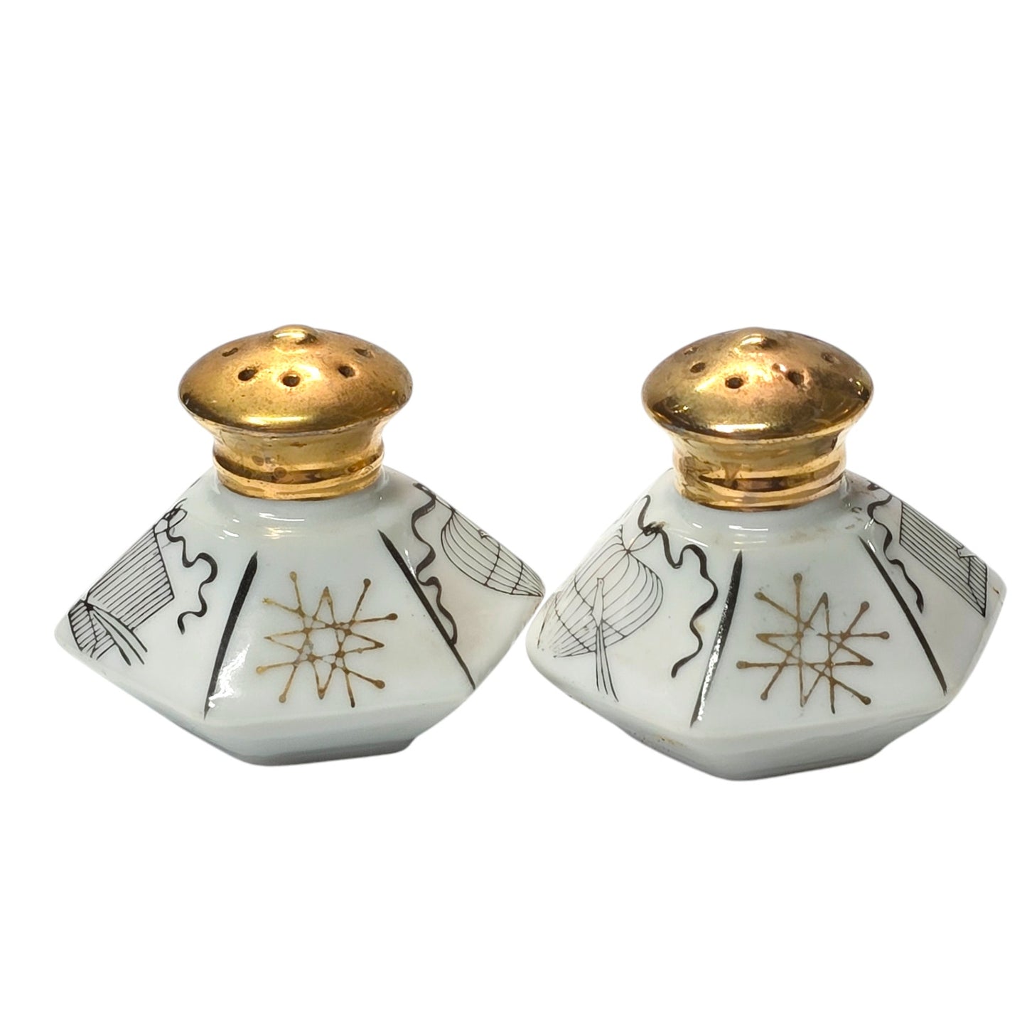 Vintage PAC Japan MCM Geometric Birdcage Design Salt Pepper Shakers, 1950s Retro Atomic