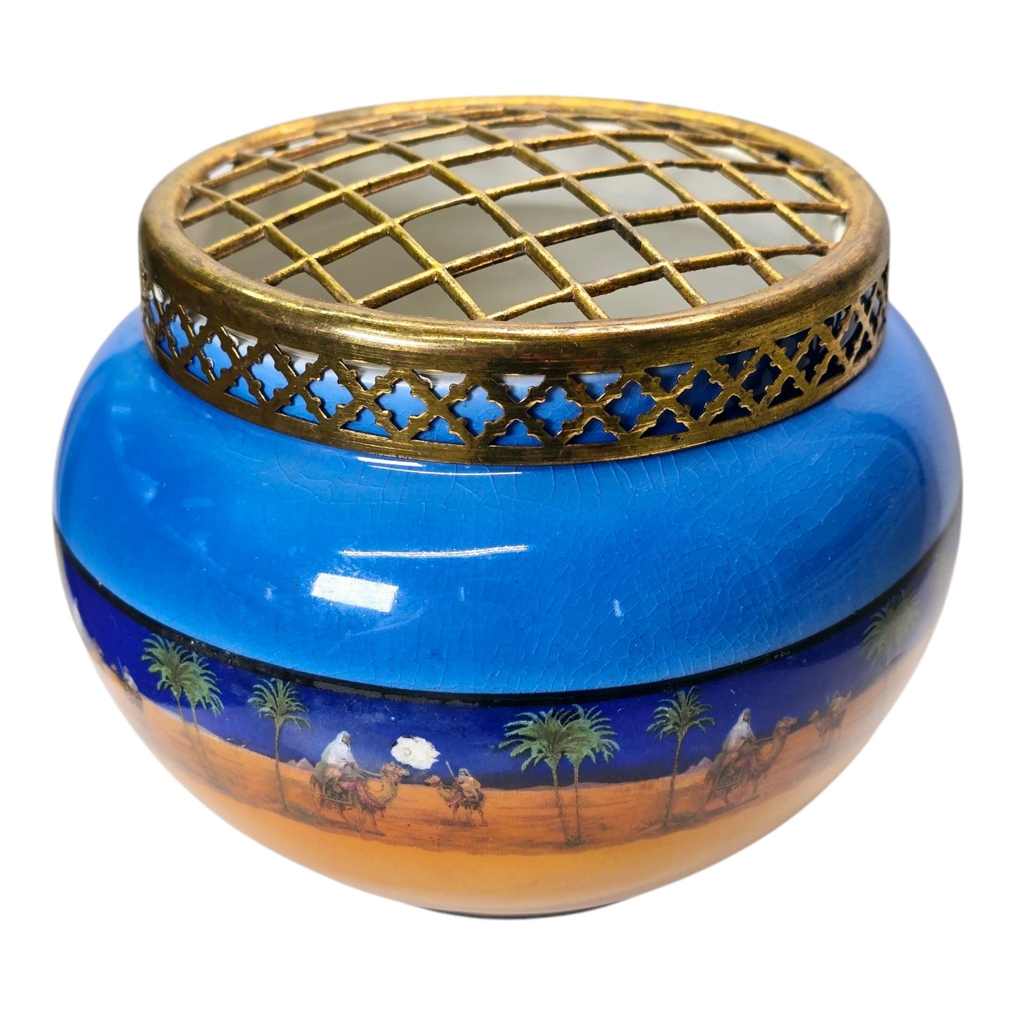 Egyptian Revival Pottery Rose Bowl Flower Frog, Camel Desert Theme