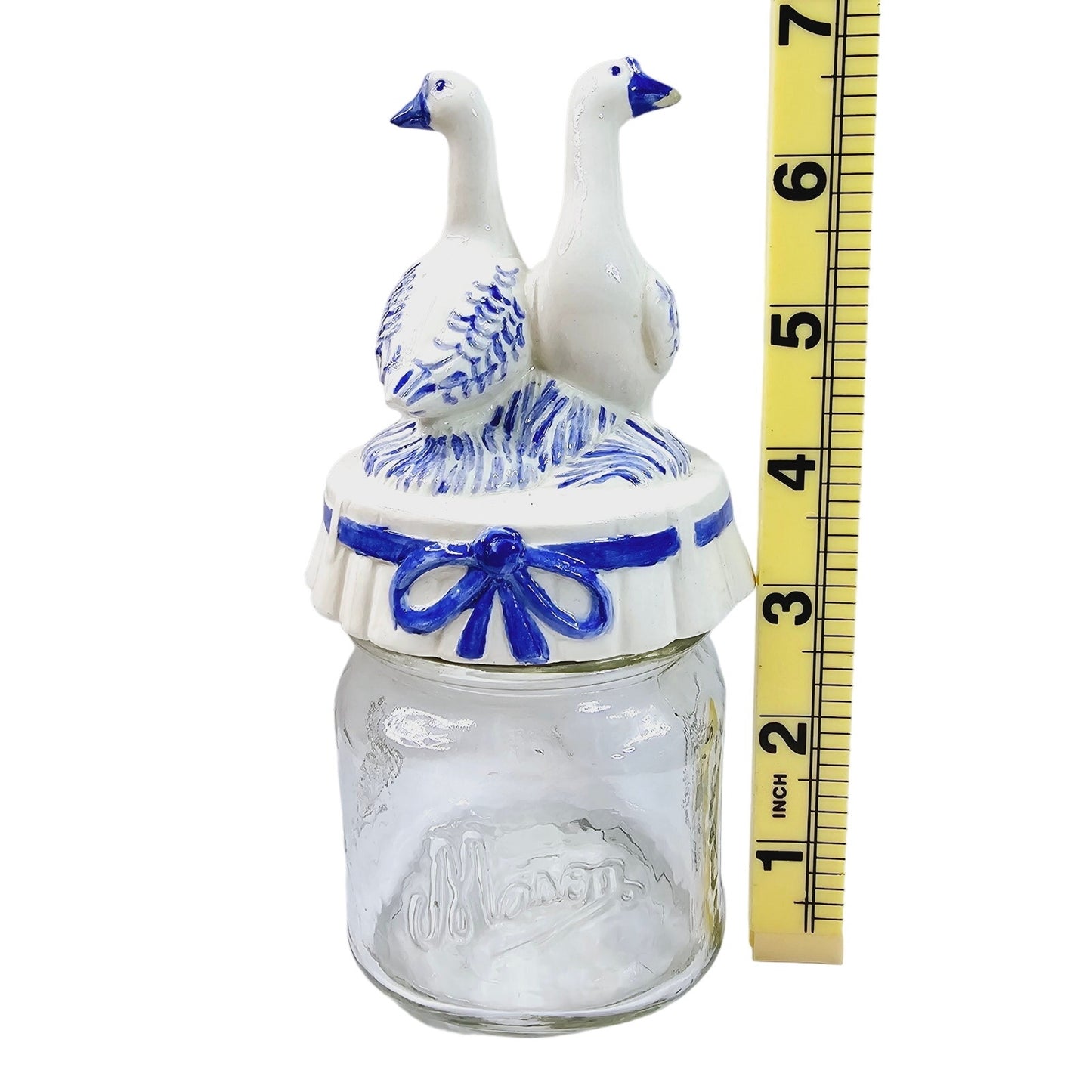 Vintage Geese Lid Mason Jar, 1 Cup, Blue and White Ceramic Top Country Farm Chic