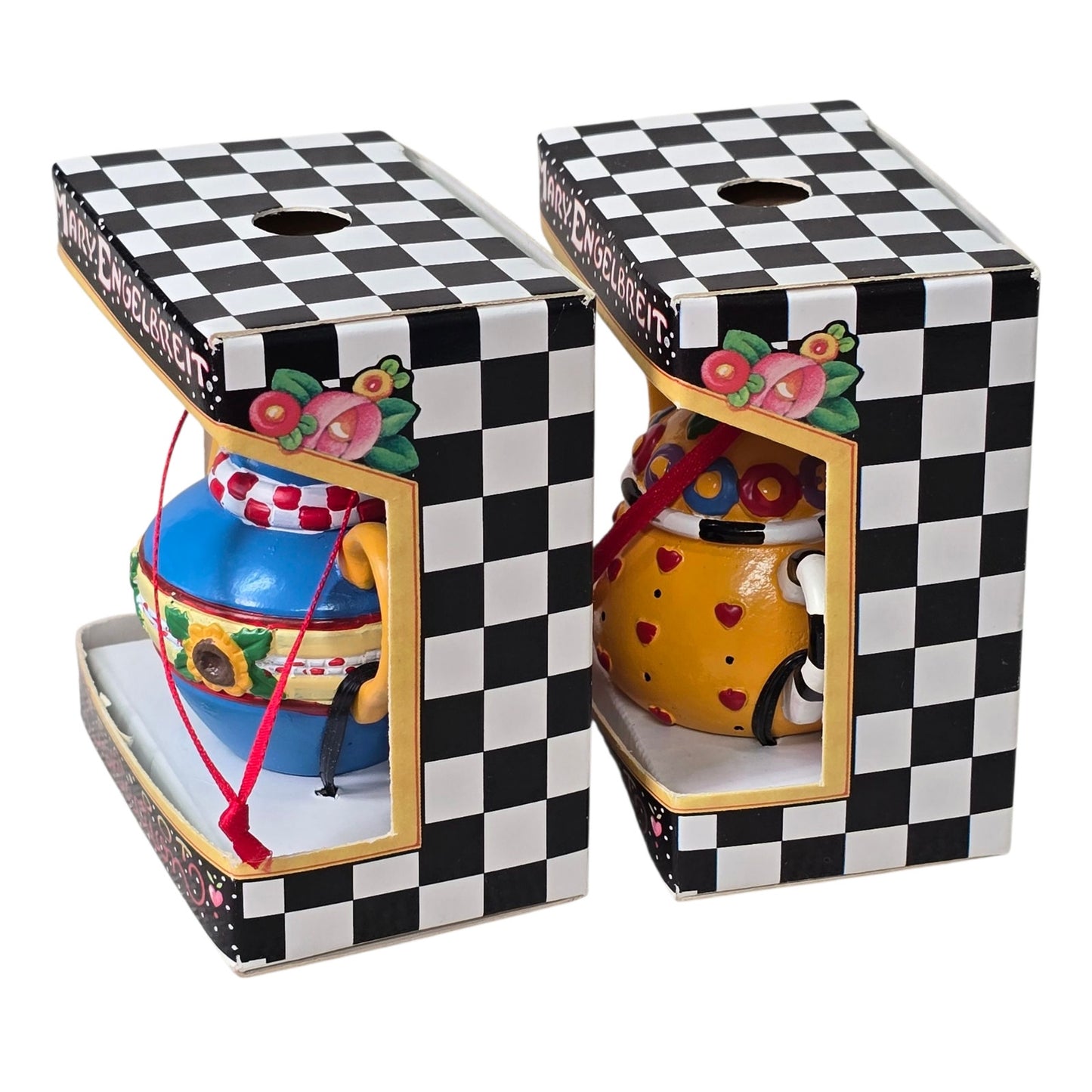 Set of 2 ME Mary Englebreit Mini Teapot Ornaments New in Box Blue Sunflowers Yellow Hearts