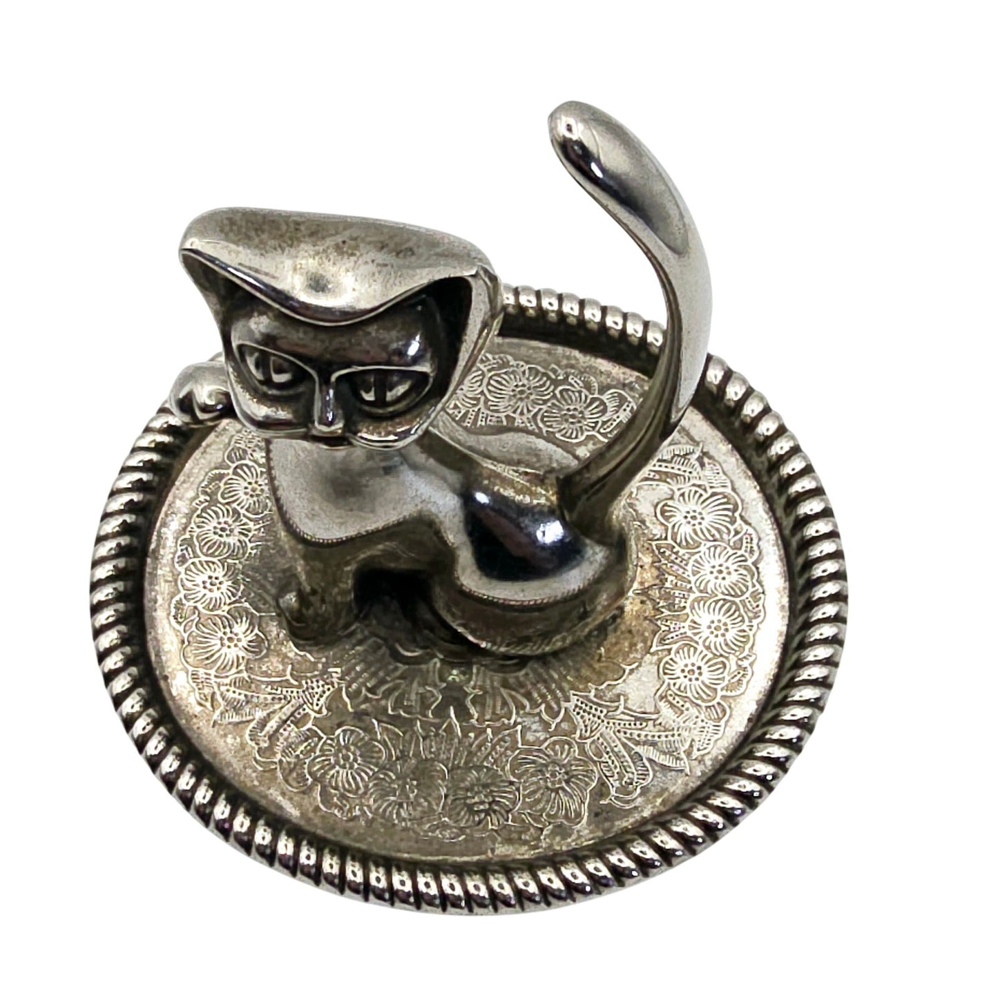Vintage Silver Plated Cat Ring Holder with Ornate Trinket Underplate