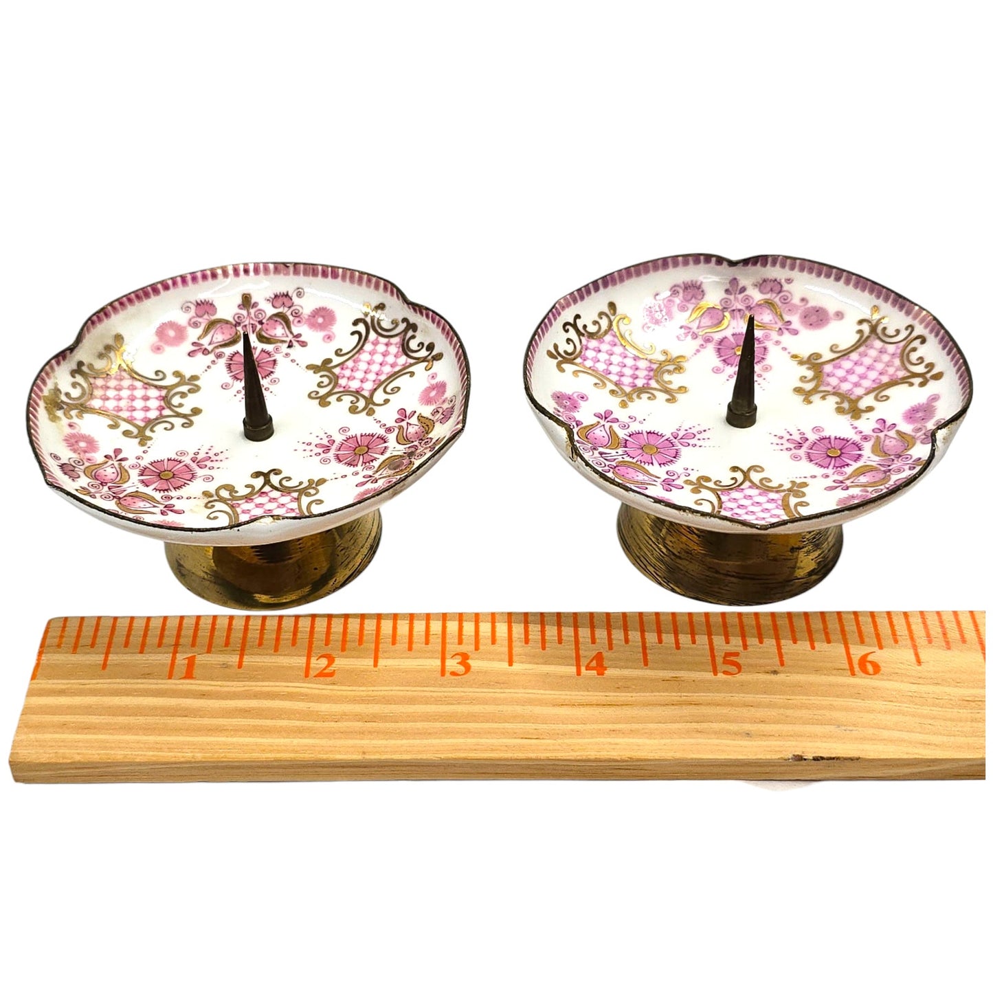 Pair Vintage Austrian Footed Porcelain Spike Candle Dishes Pink & Gold Floral Austria
