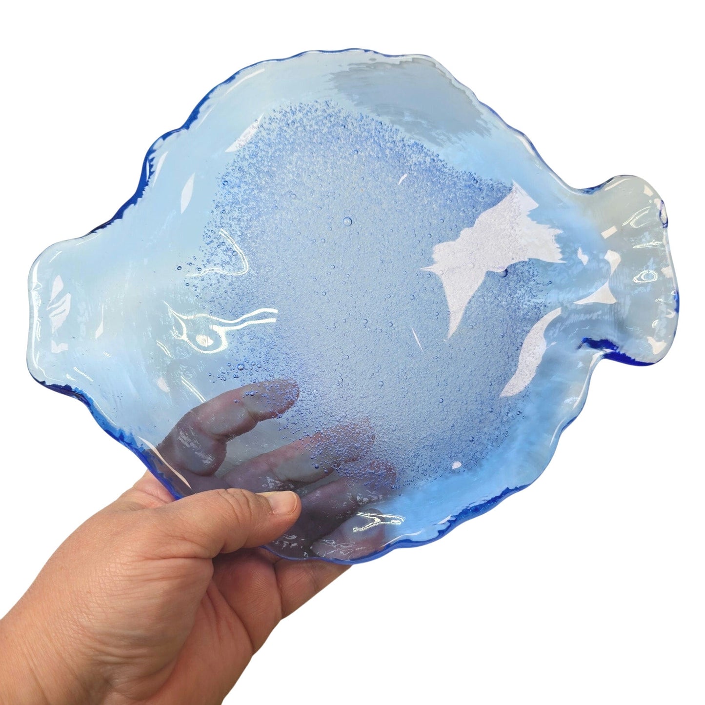 Vintage AMICI Fish Dish Made in Italy Bubble Art Glass Thick Recycled Glass Blue