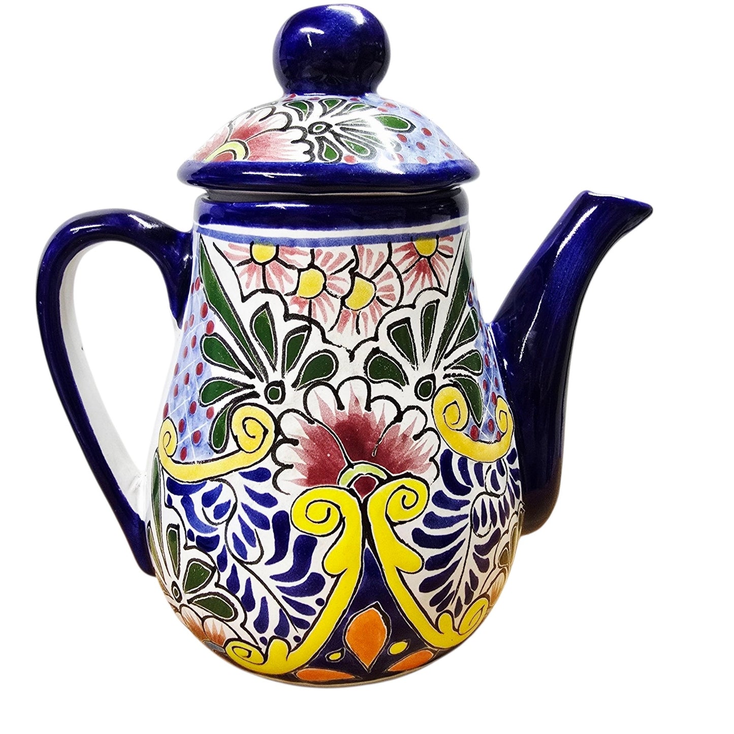 Talavera Teapot Coffee Pot Signed Liceagui Mexico Lead Free Hand-Painted Cobalt