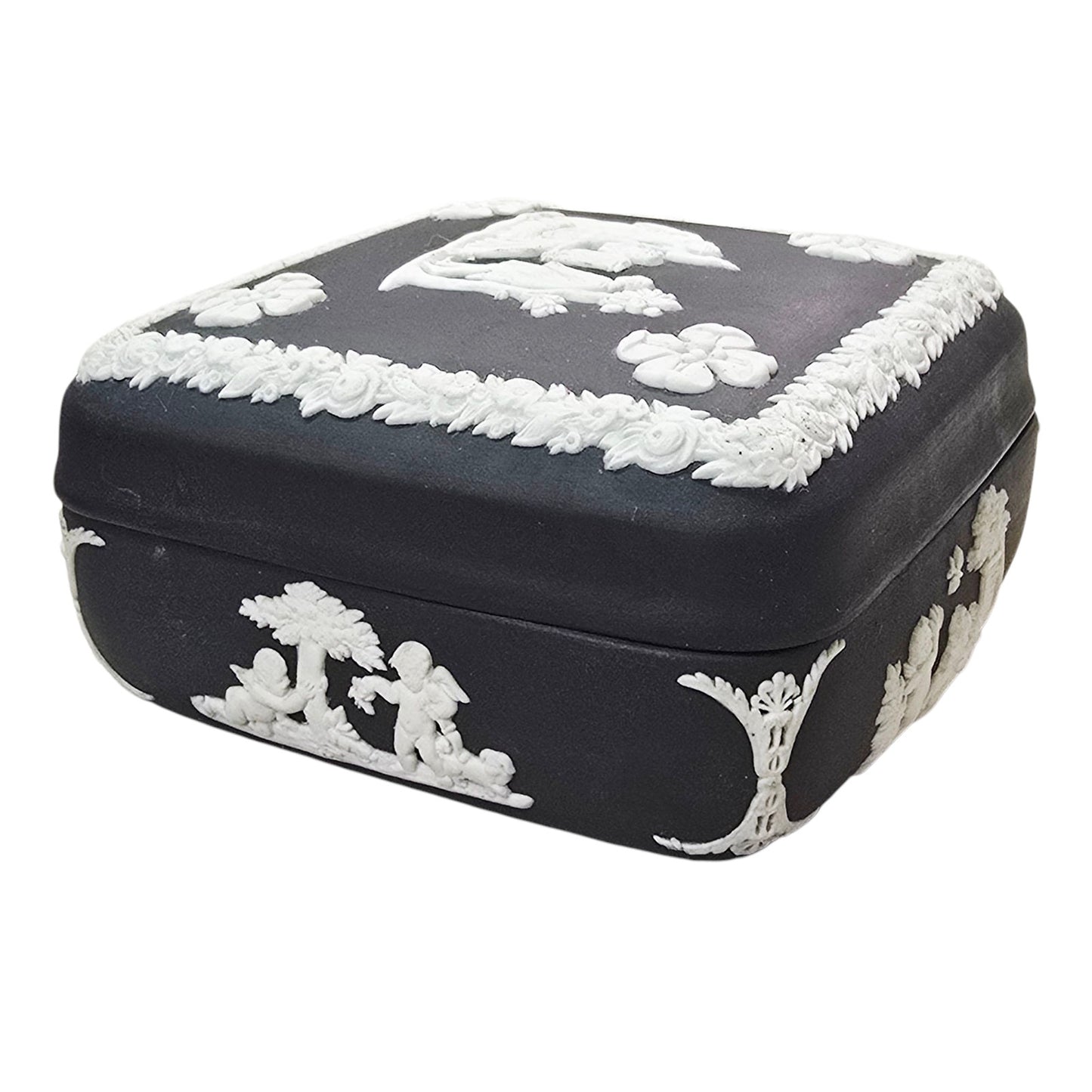Wedgwood Black Basalt Jasperware trinket box Square Cherubs Courting Couples Made in England