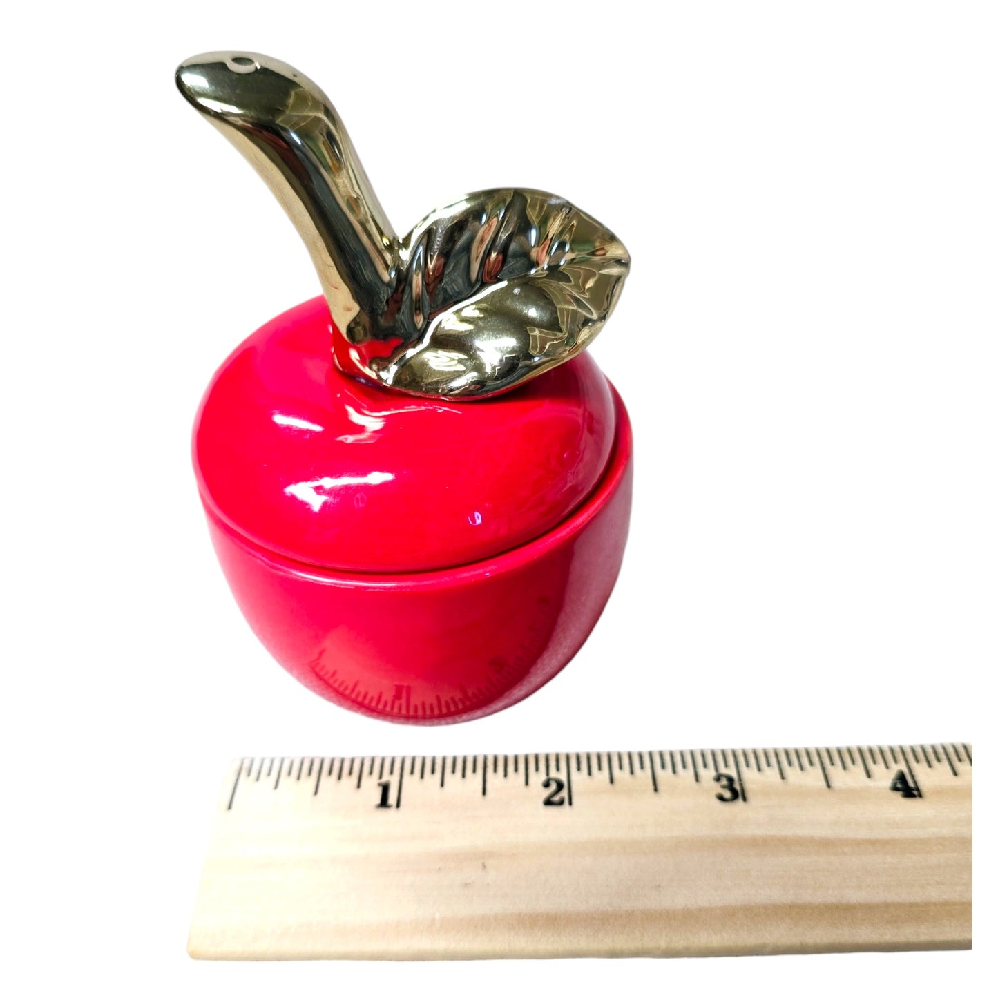 Vintage Red Apple Lidded Ceramic Trinket Box Gold Stem Leaf Glossy Farmhouse