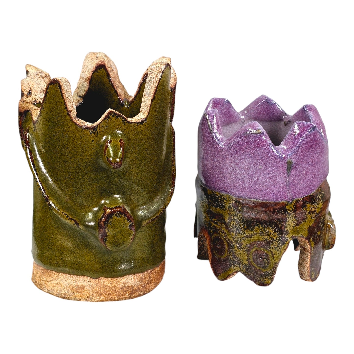 Studio Art 2 pc Heavy Pottery Odd Figure with Purple Crown, Removeable Lid and Votive Holder, 8.75" H