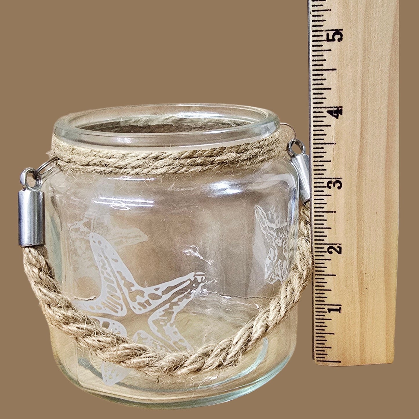 Coastal Hanging Etched Glass Starfish Tealight Candle Holder Nautical Rope Votive Jar