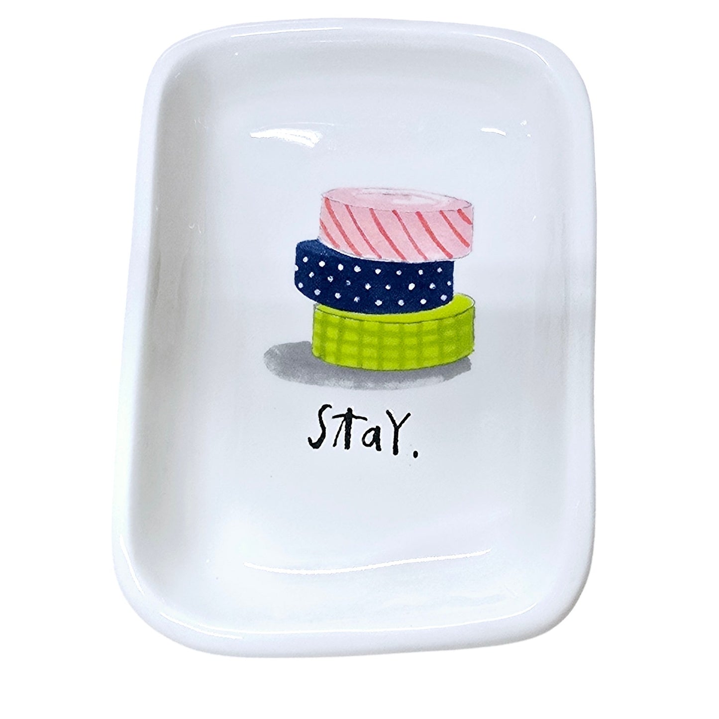 Rae Dunn Stay. Trinket Dish w/Stacked Ribbons / Tape Artisan Collection Magenta