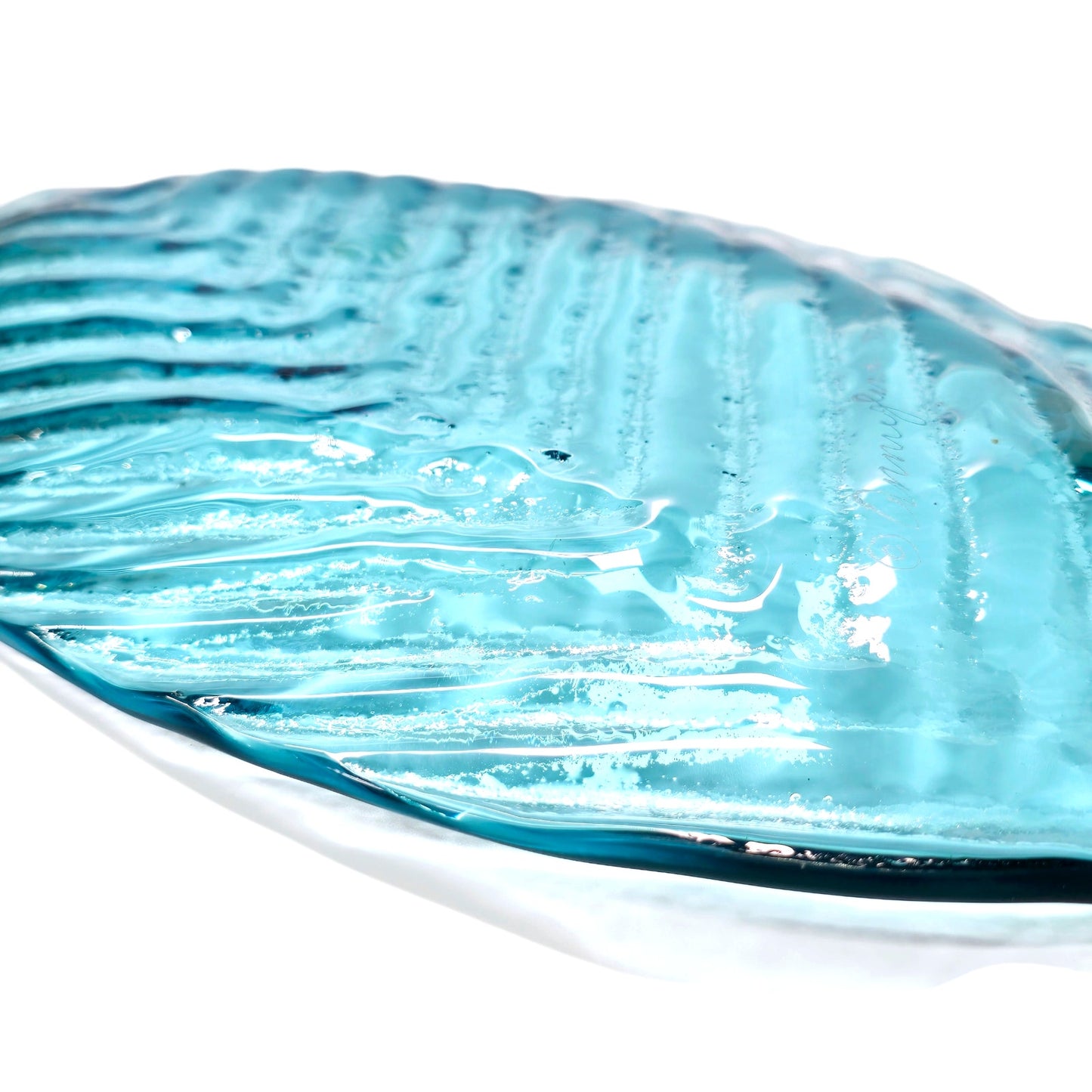 Annieglass Signed, Numbered, Oval Platter, Leaf Dish Handcrafted Artisan Glass Made in USA, Textured Ribbed Glass