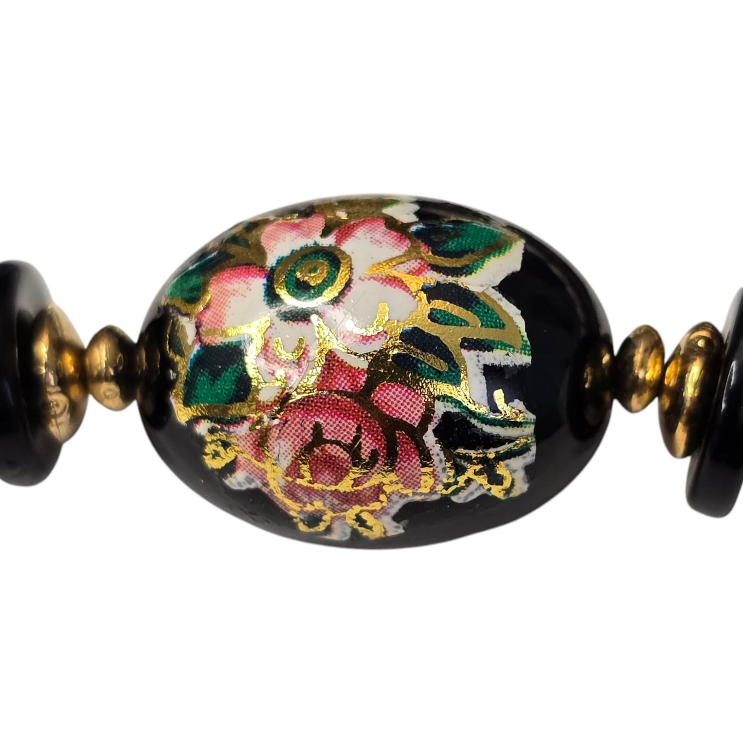 * Vtg Floral Strand Necklace Handpainted over Applied Bead Gold Tone Accents 28"