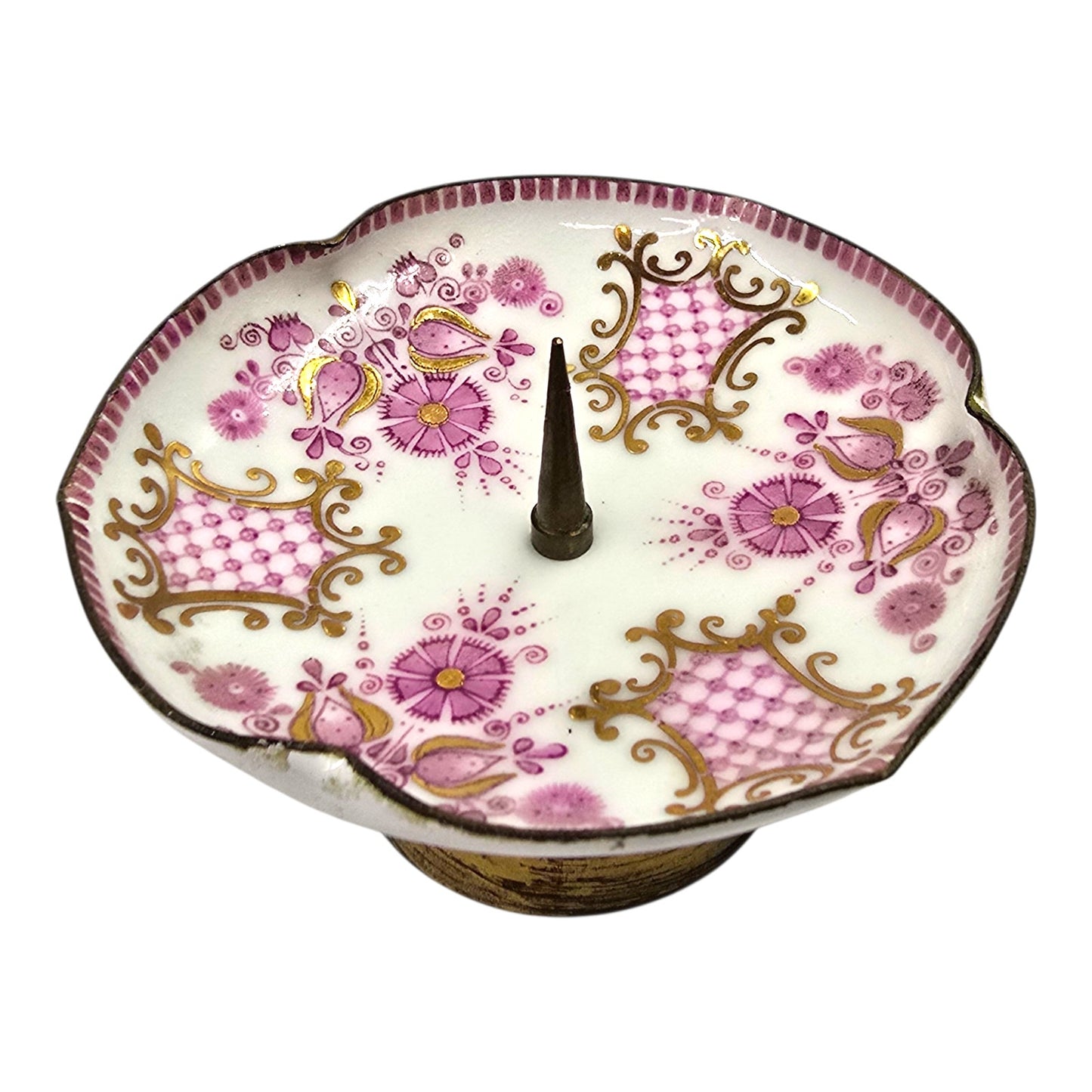 Pair Vintage Austrian Footed Porcelain Spike Candle Dishes Pink & Gold Floral Austria