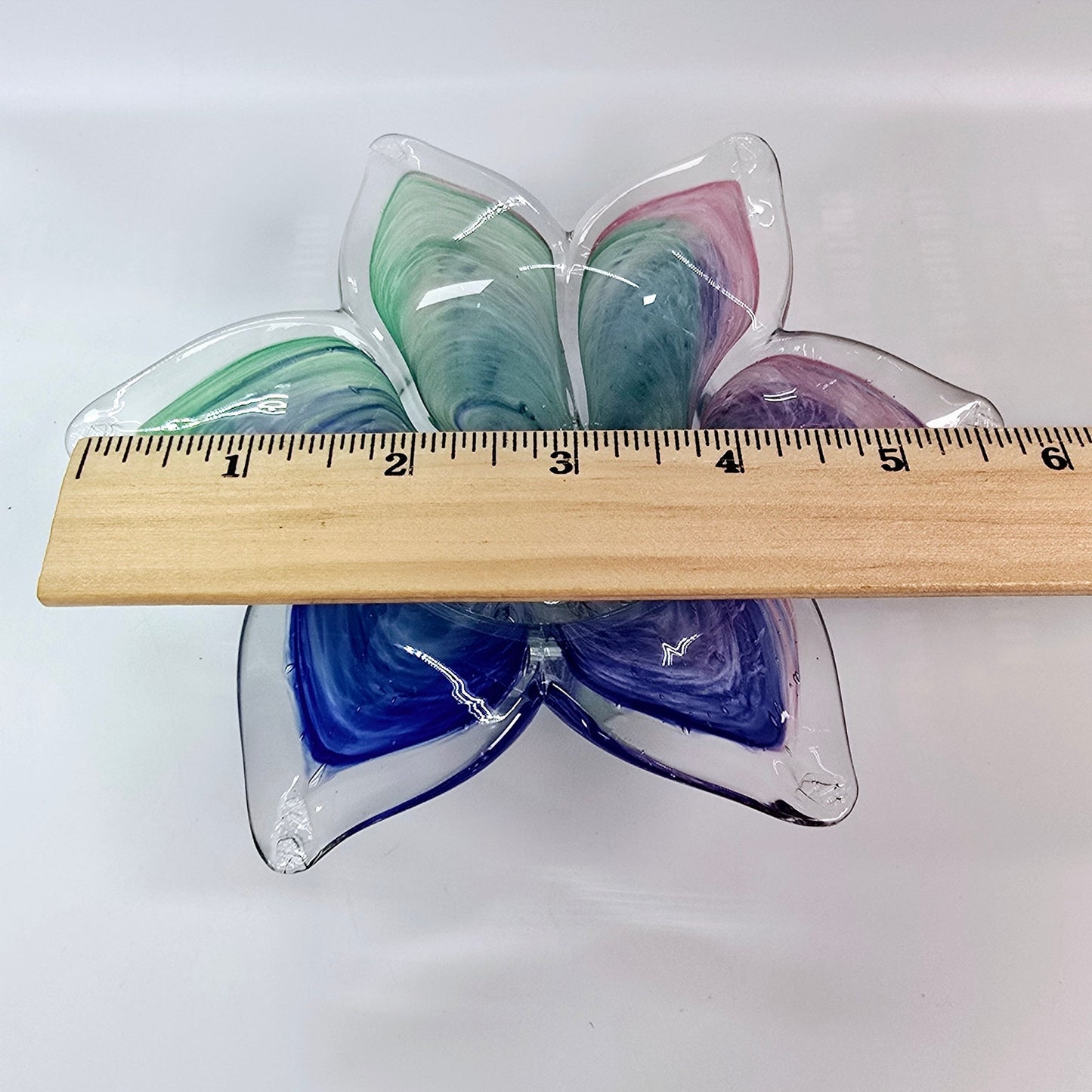 Art Glass Petal Flower Candle Holder / Trinket Dish, Blue, Green, Pink Flower