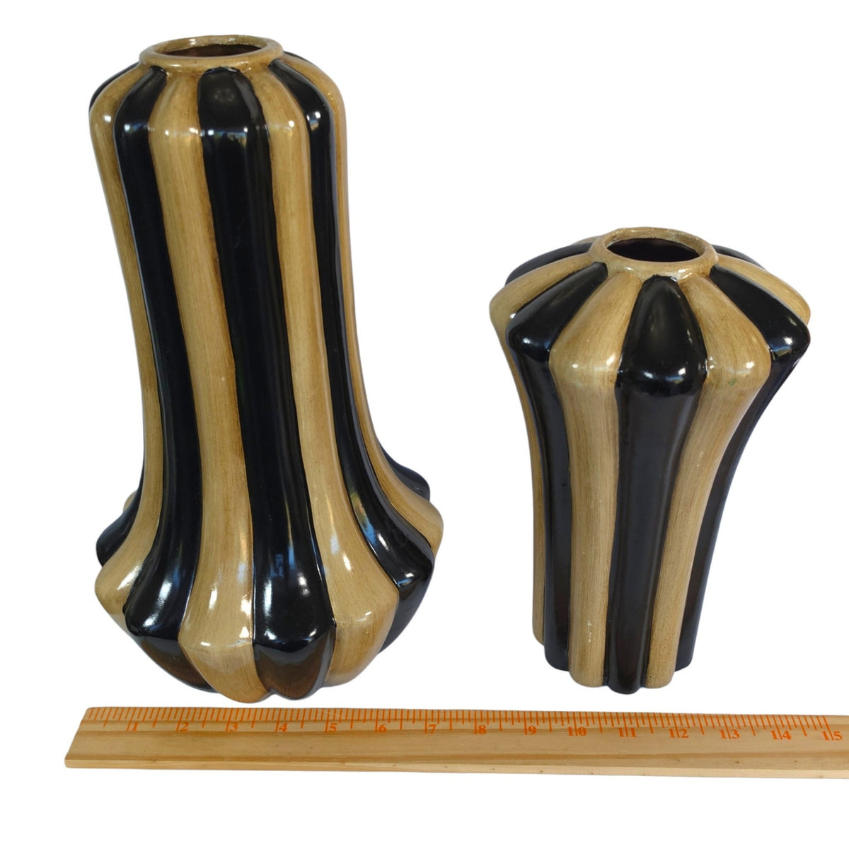 Art Deco Hollywood Regency Black Tan Fluted Ceramic Vases Set of 2 Hobby Lobby
