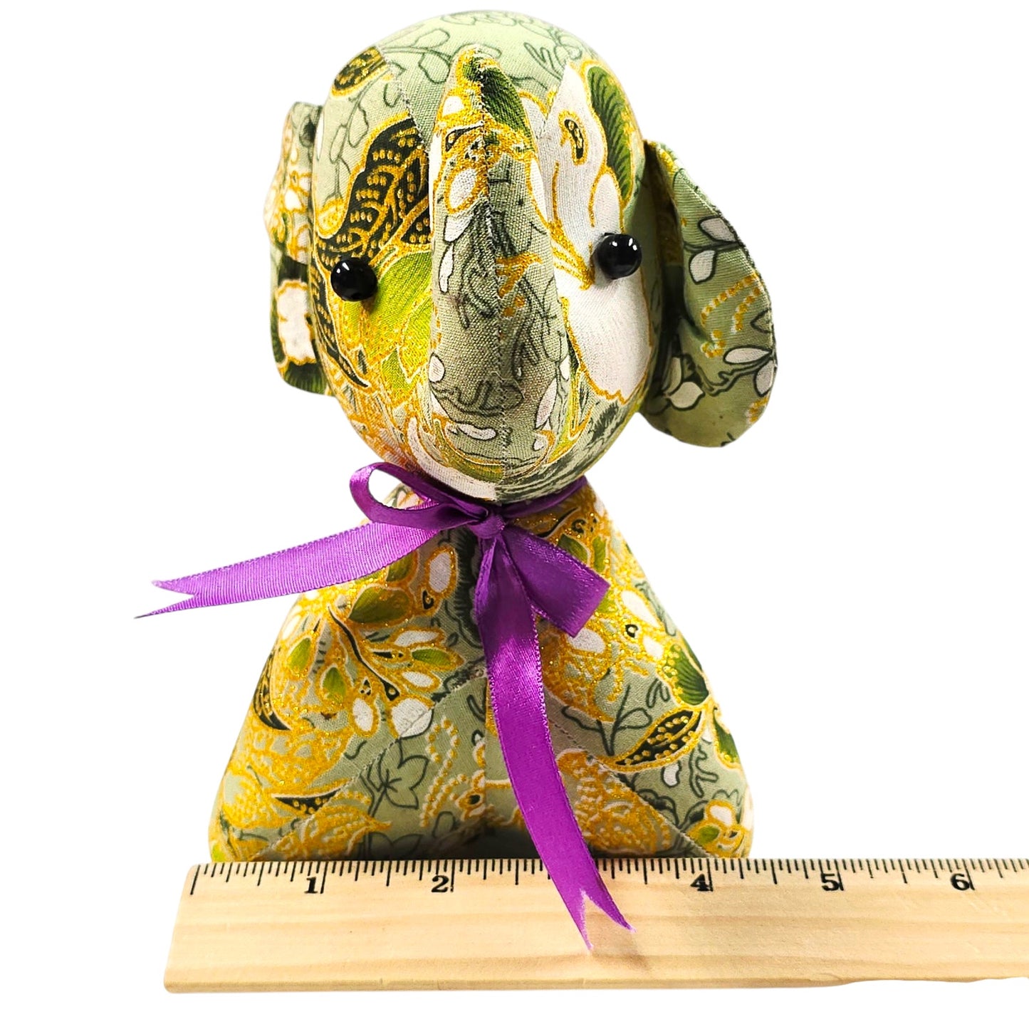 Thai Elephant Doll Handmade Stuffed Toy Green & Yellow Fabric Purple Ribbon