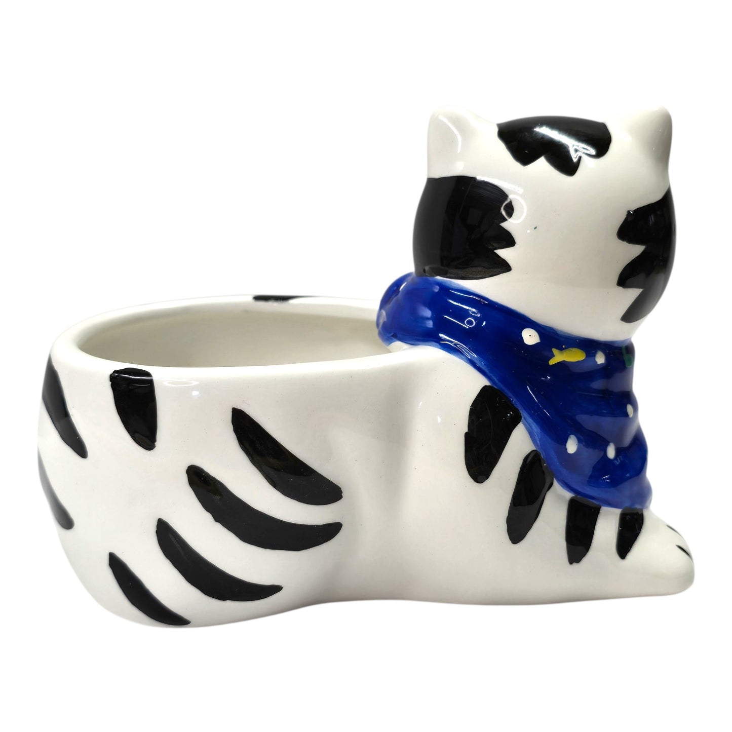 Striped Cat Planter Ceramic Handpainted Blue Scarf Bird Vtg Certified Intl CIC