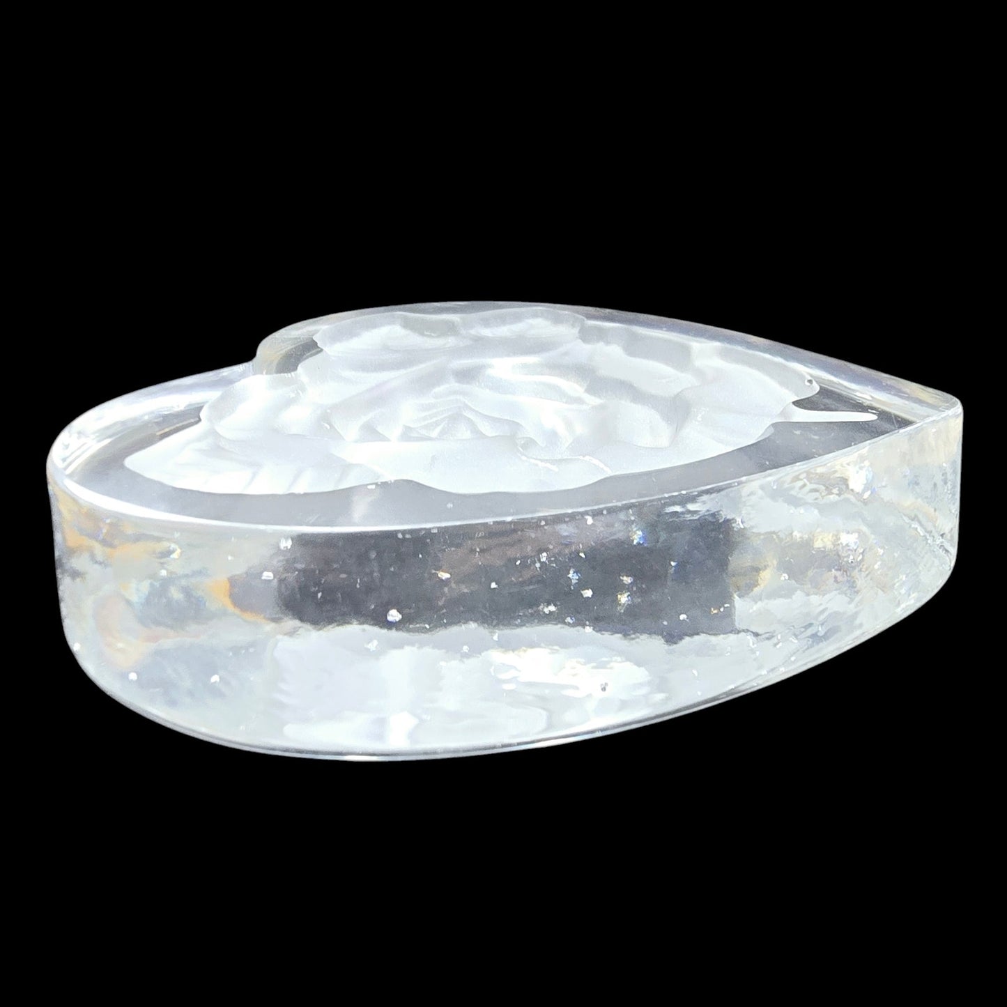 Crystal Etched Rose Heart Glass Paperweight 4" W