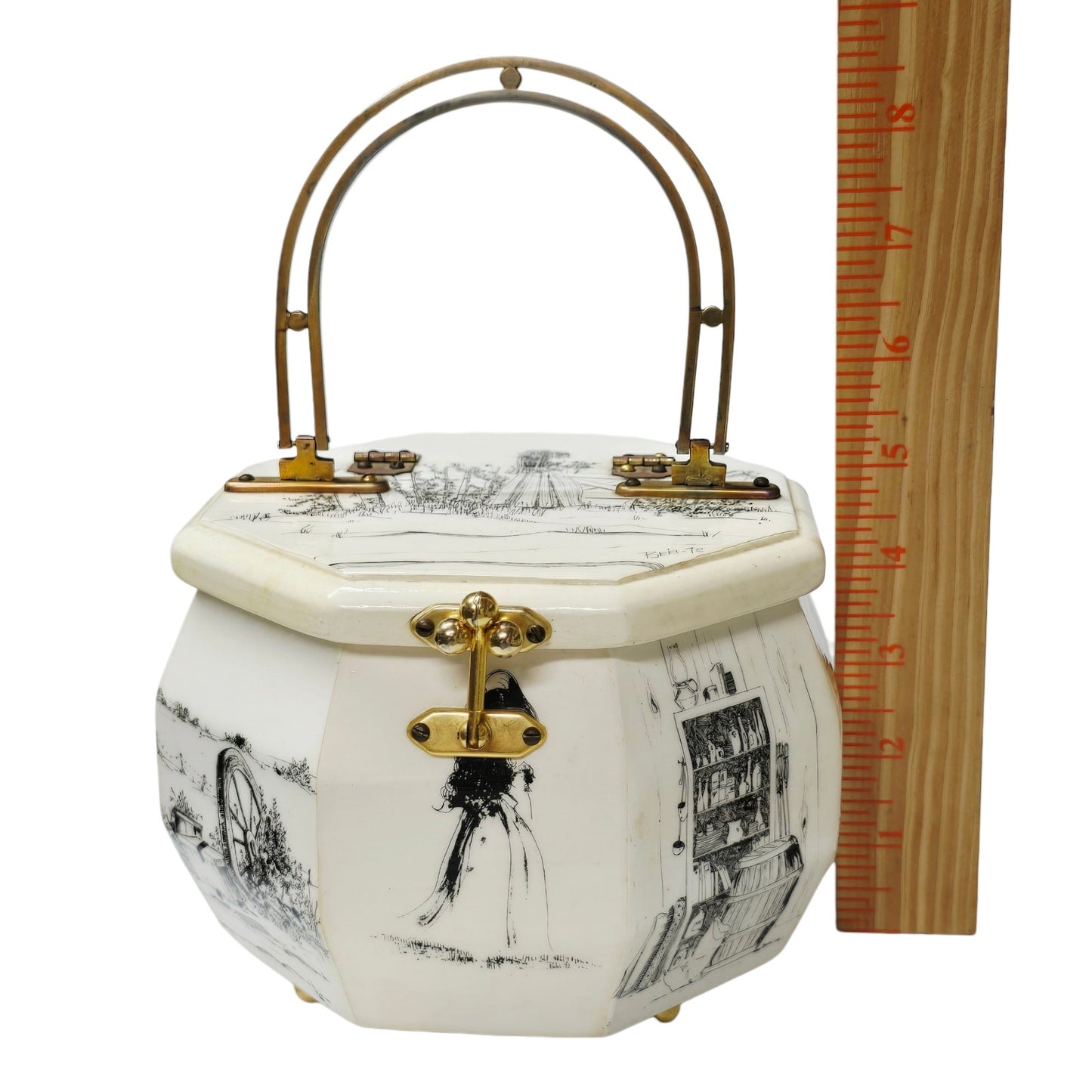 Vintage 1972 Beki Signed Wooden Box Purse Decoupage Hand Painted Octagon Rare