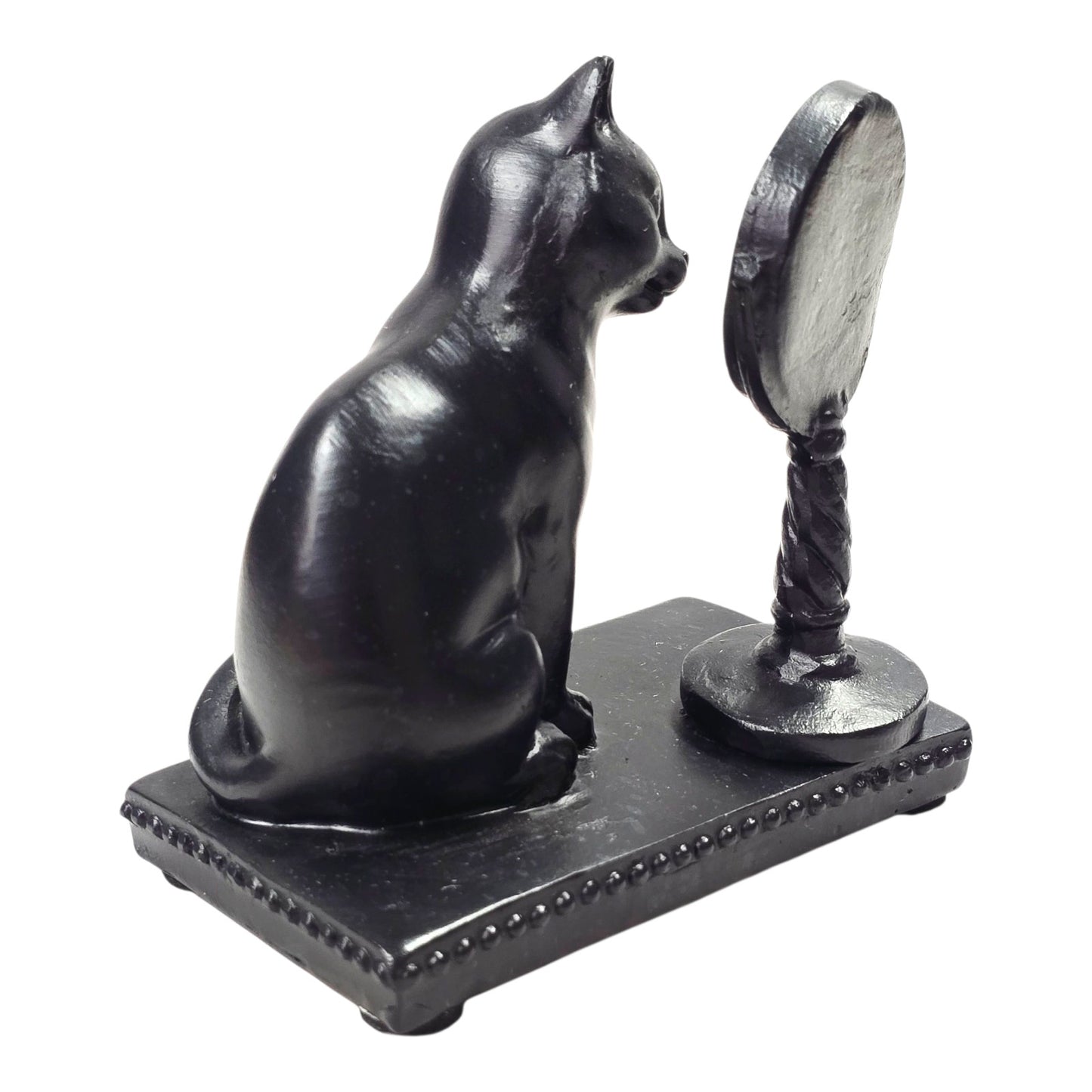Vtg Black Cat Figurine looking in Vanity Mirror Resin 3.25" Cat Lover Gift Decor