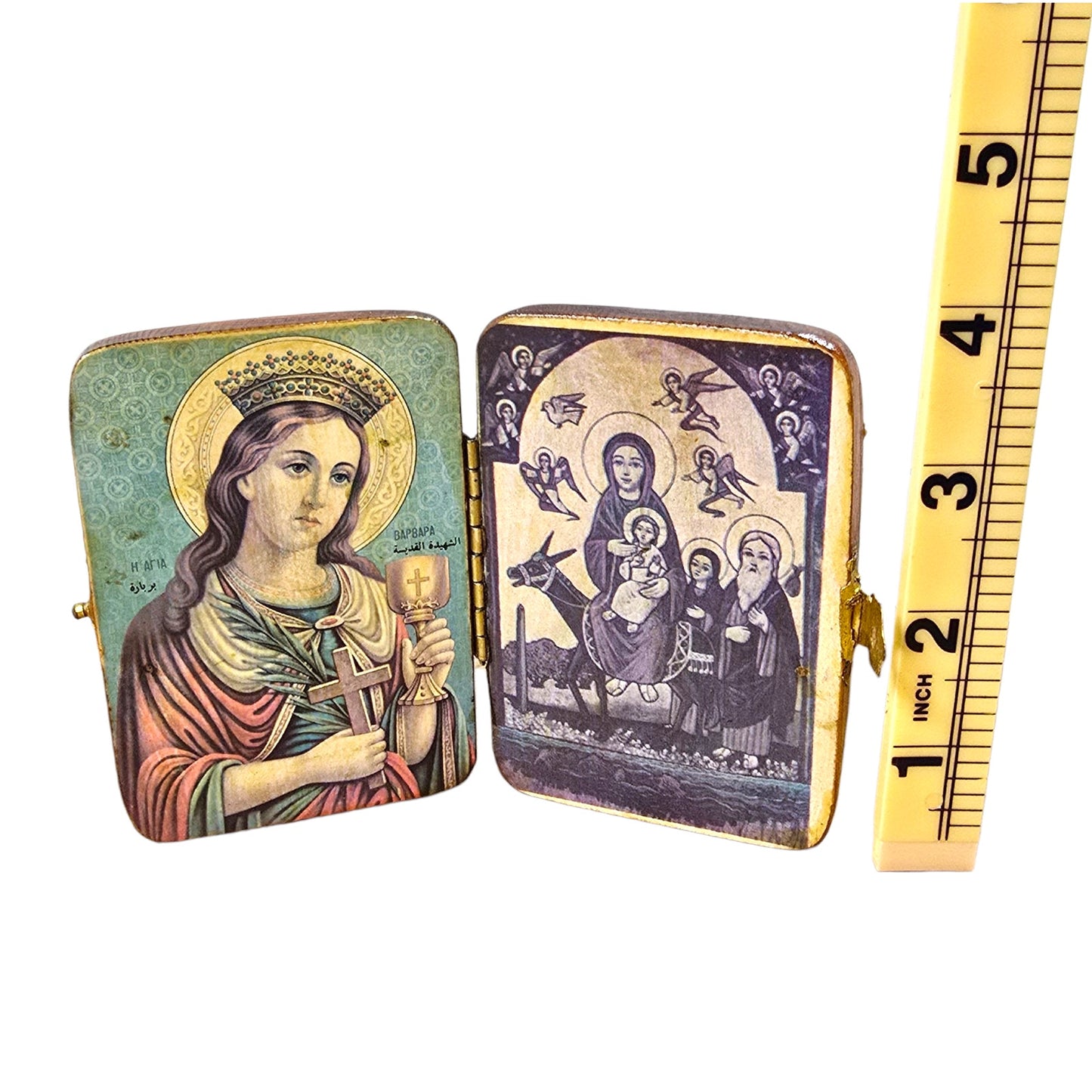 Vtg Wooden Folding Diptych Icons Lot of 2 Religious Pocket Keepsakes Saints Mary