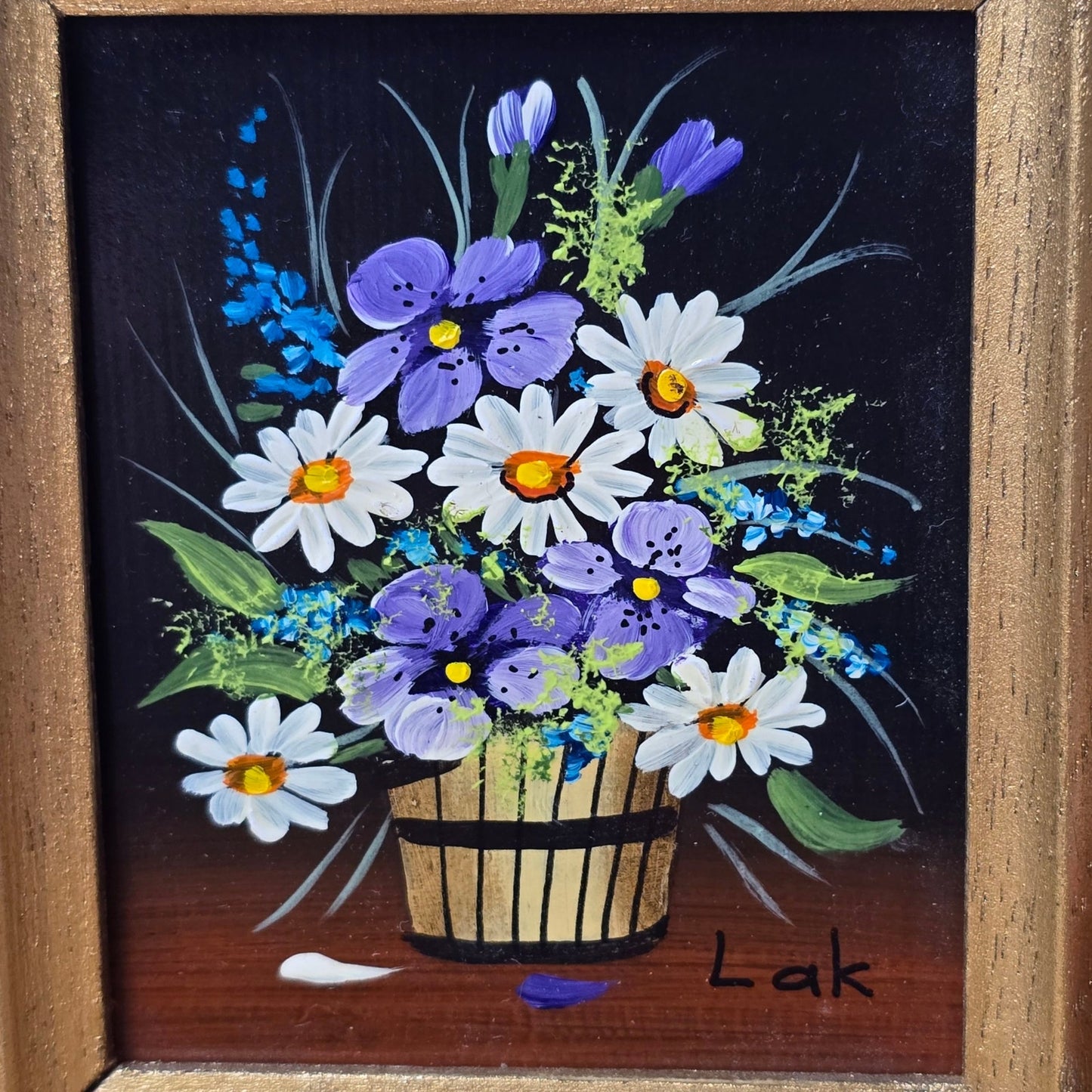 Vtg Miniature Floral Still Life Painting by Lak Gold Wood Frame Daisy & Violets