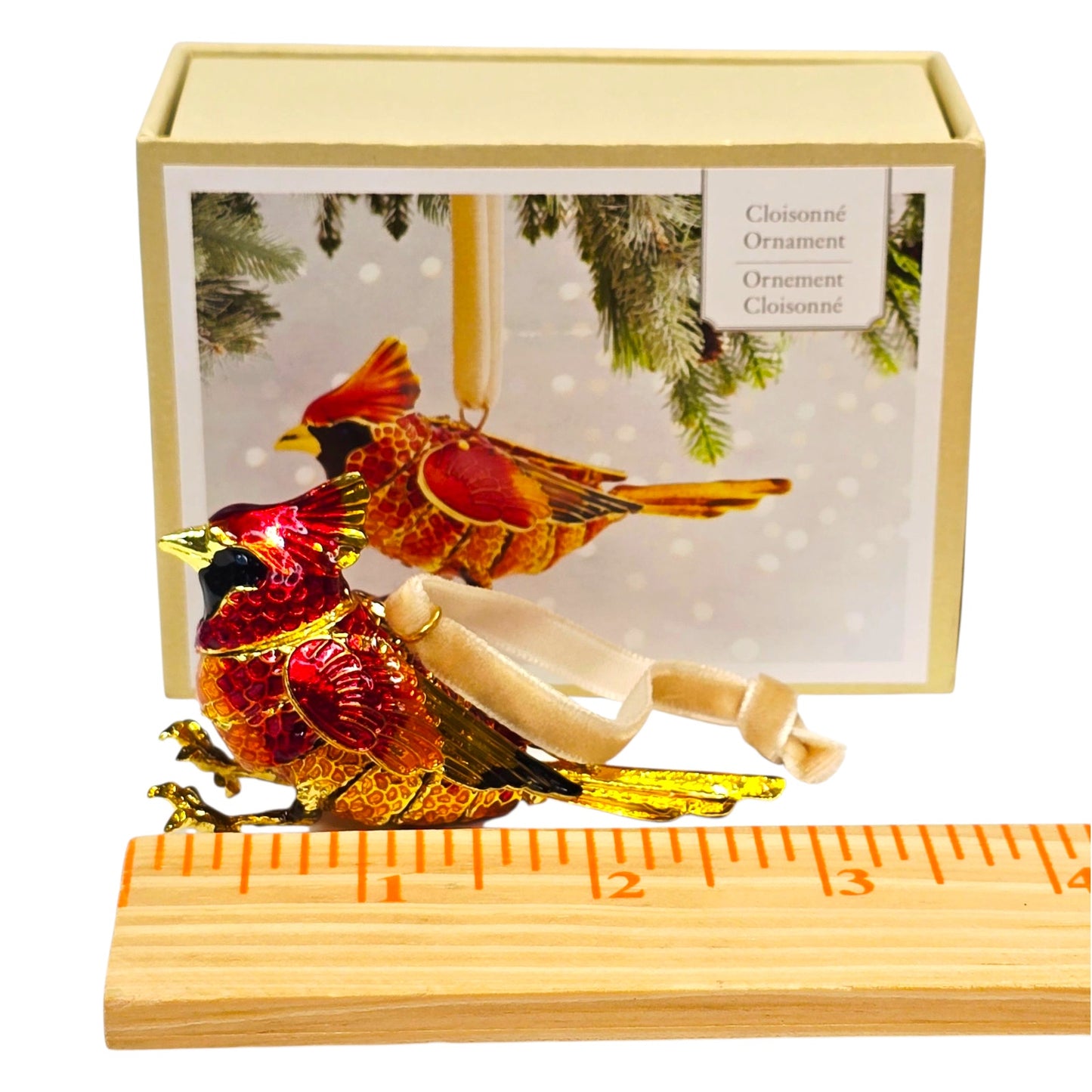 Vtg Pier 1 Cloisonné Cardinal Bird Ornament Red Gold Enamel Holiday Boxed