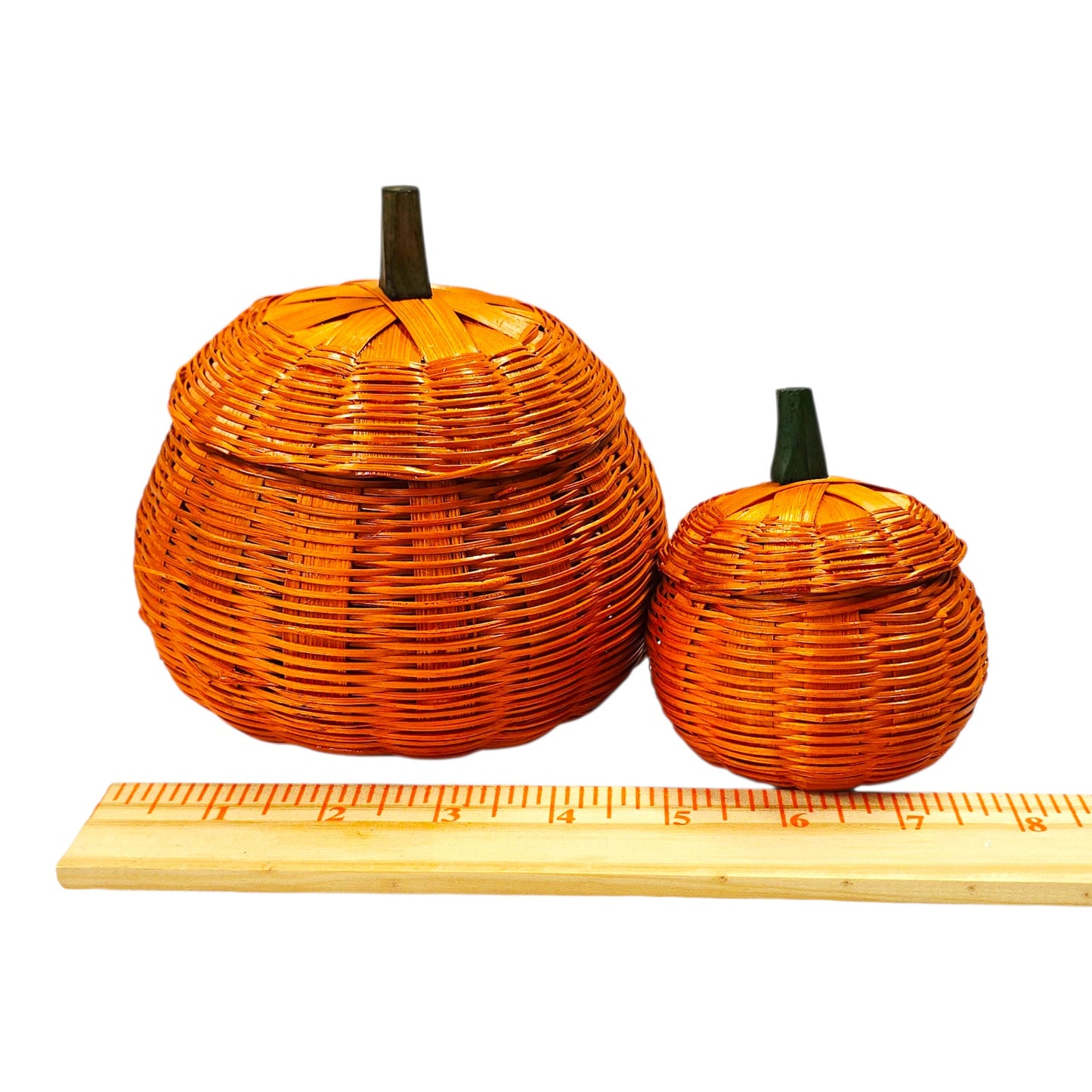 Set of 2 Woven Pumpkin Basket Containers with Lids Fall Farmhouse Halloween Nesting