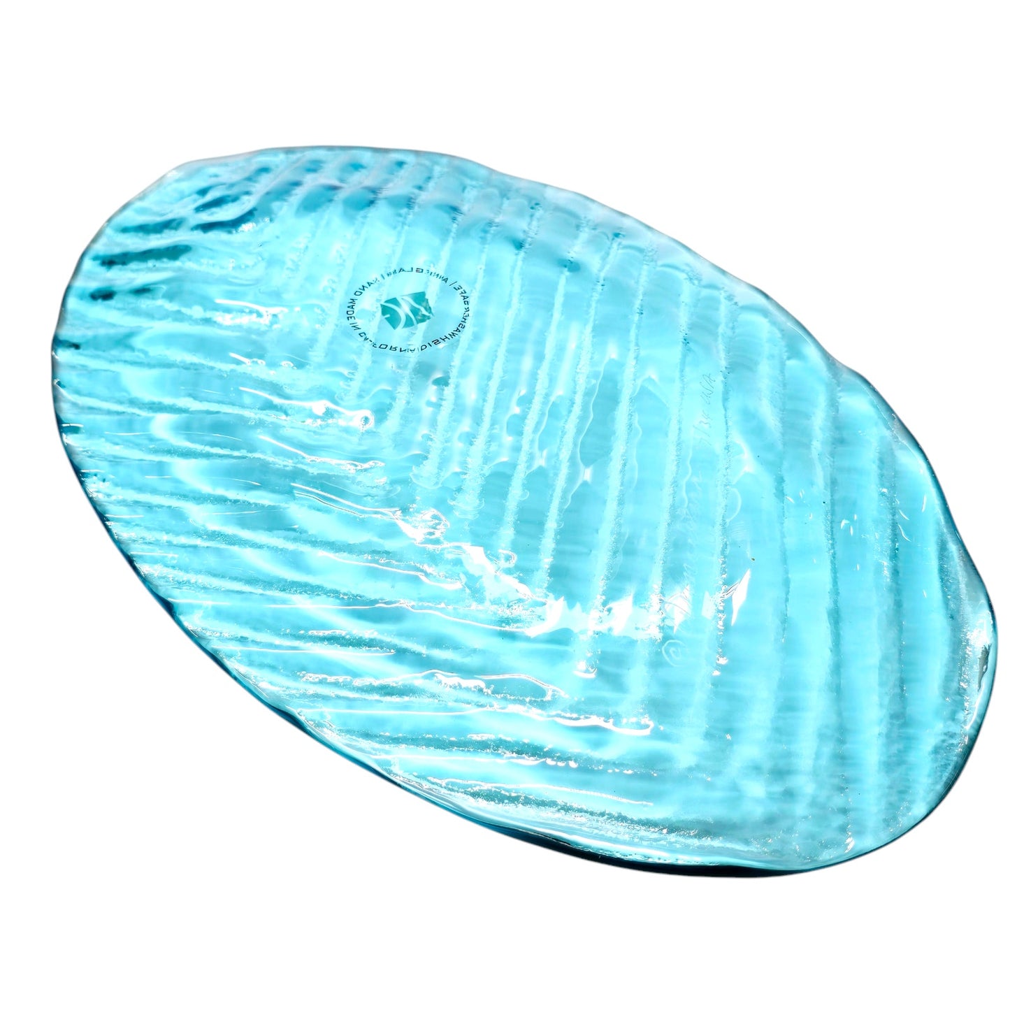 Annieglass Signed, Numbered, Oval Platter, Leaf Dish Handcrafted Artisan Glass Made in USA, Textured Ribbed Glass