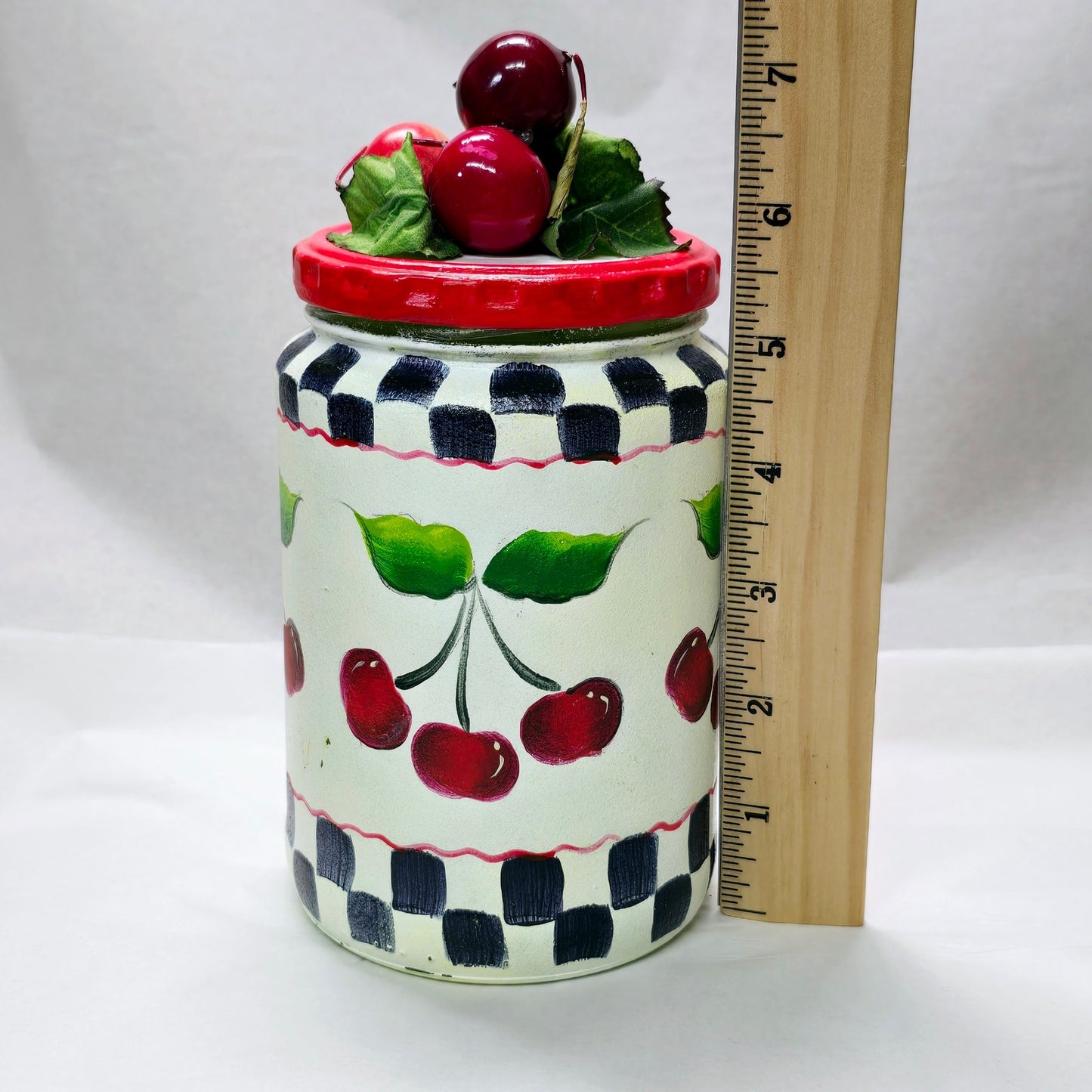 Vtg Hand Painted Glass Cherry Jar, Signed 2003, Hobbyist Piece