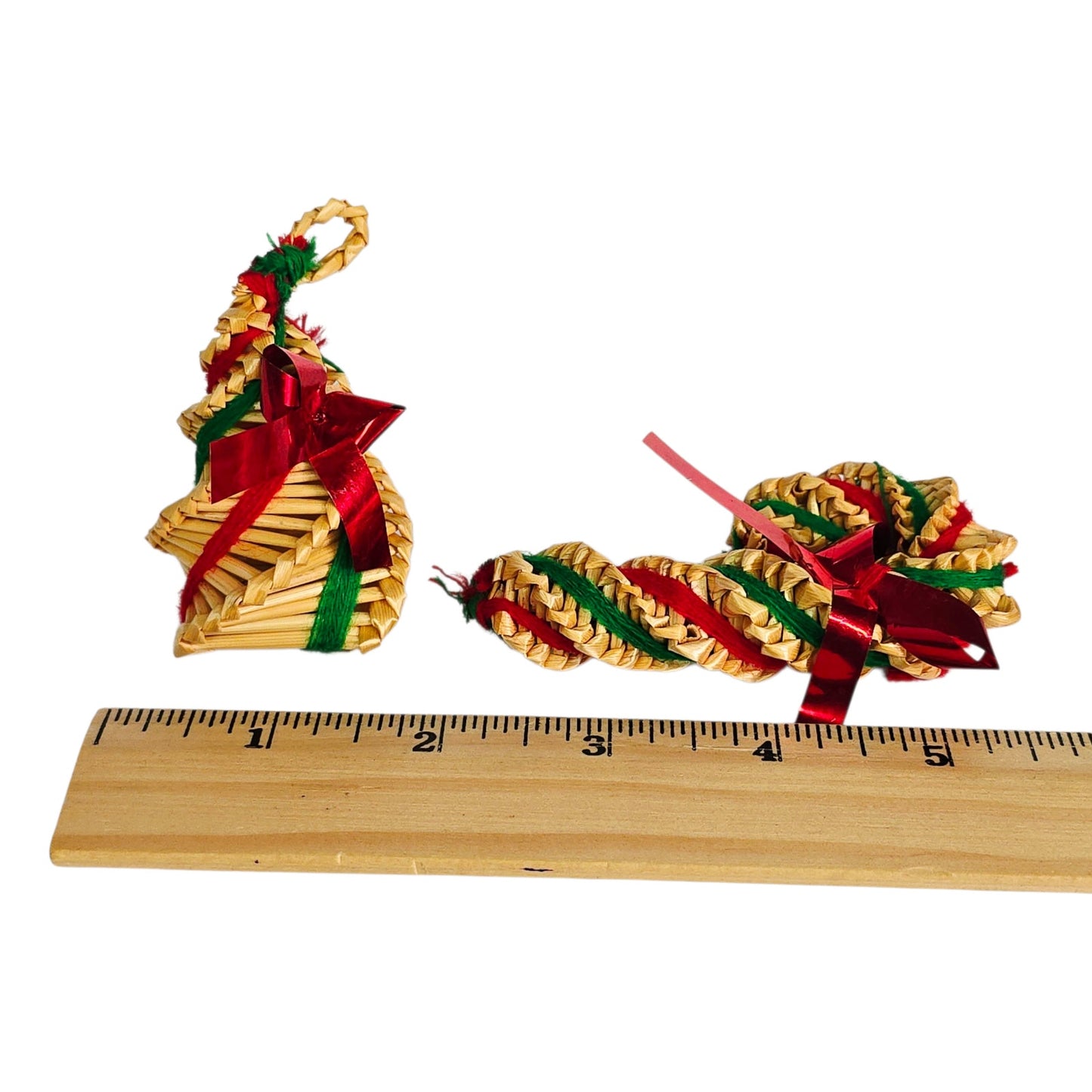 Vtg Folk Art Mexican Siral Woven Christmas Ornaments Set of 2 Tree & Candy Cane