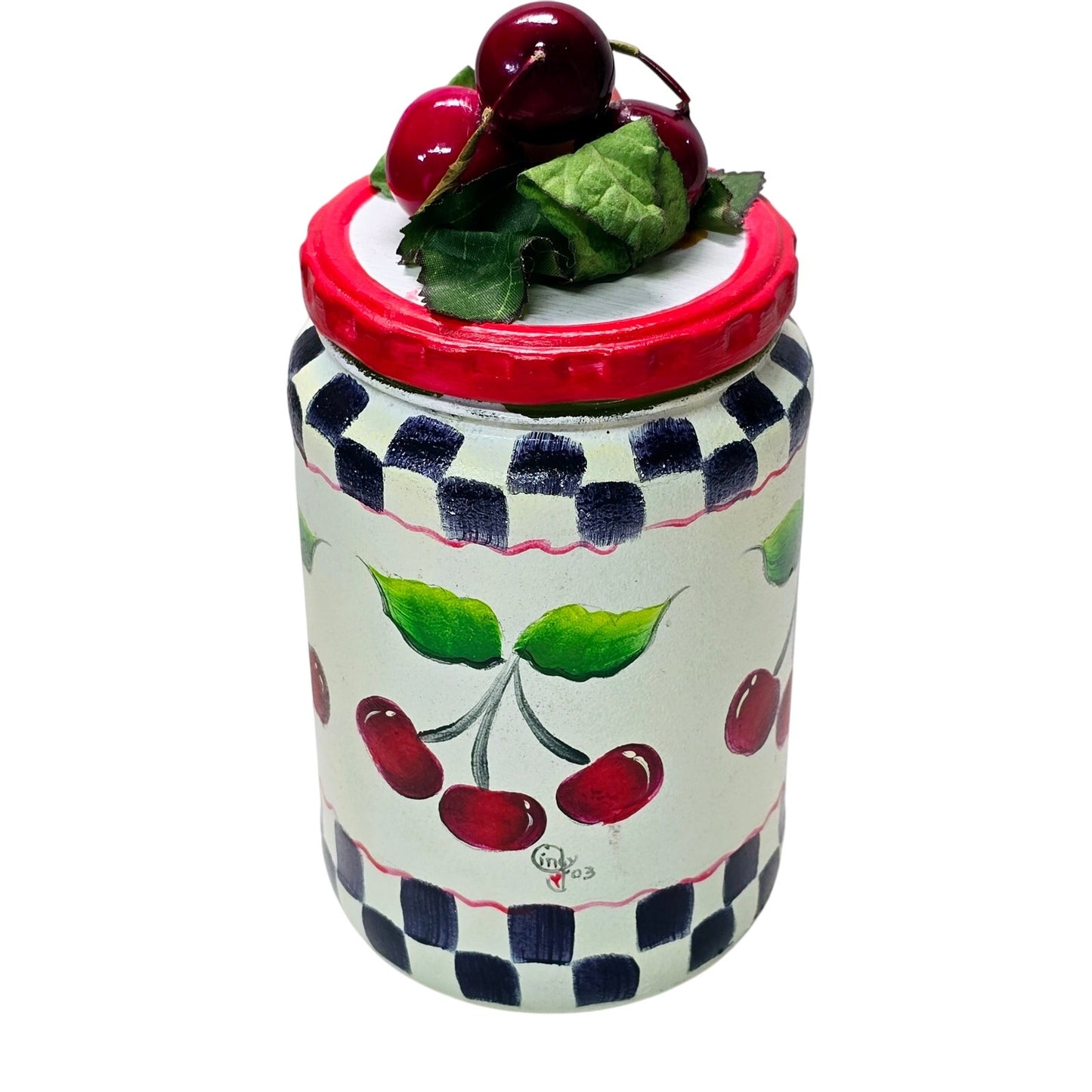 Vtg Hand Painted Glass Cherry Jar, Signed 2003, Hobbyist Piece
