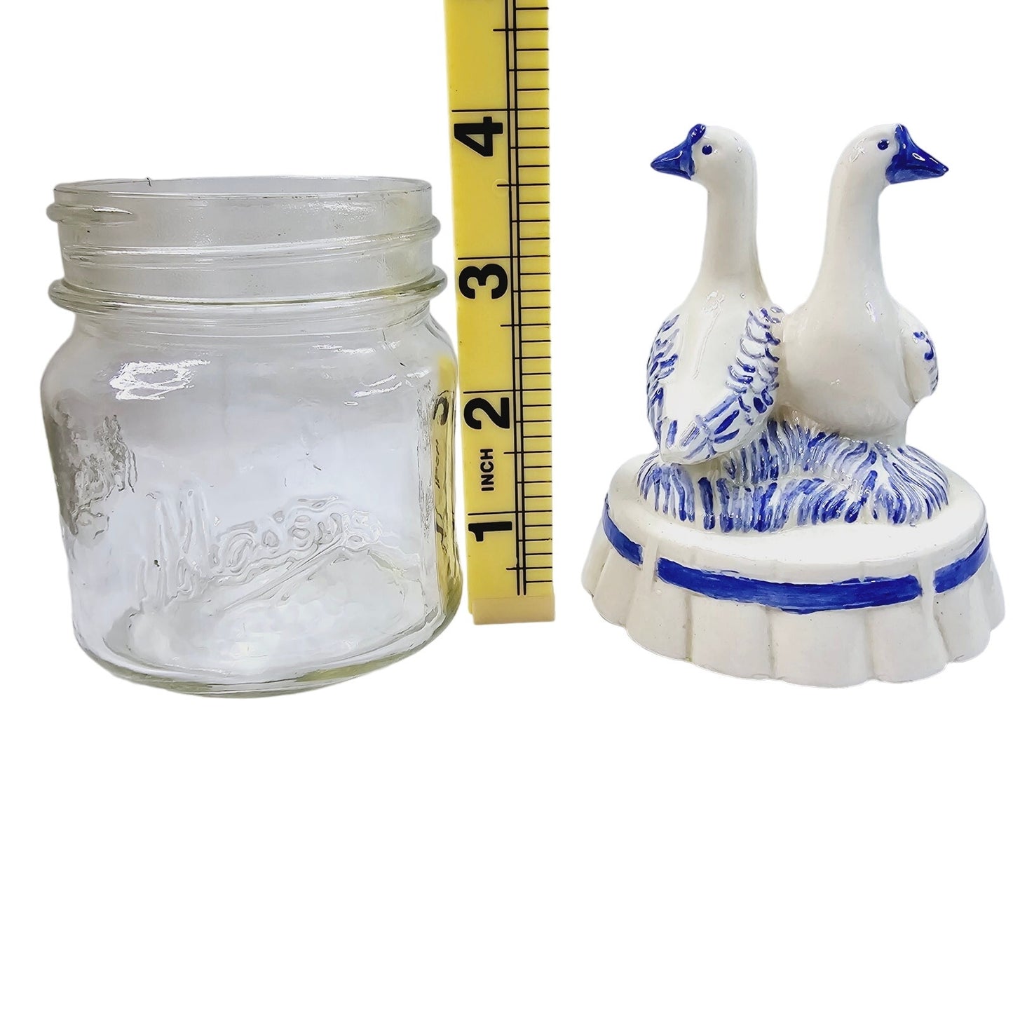 Vintage Geese Lid Mason Jar, 1 Cup, Blue and White Ceramic Top Country Farm Chic