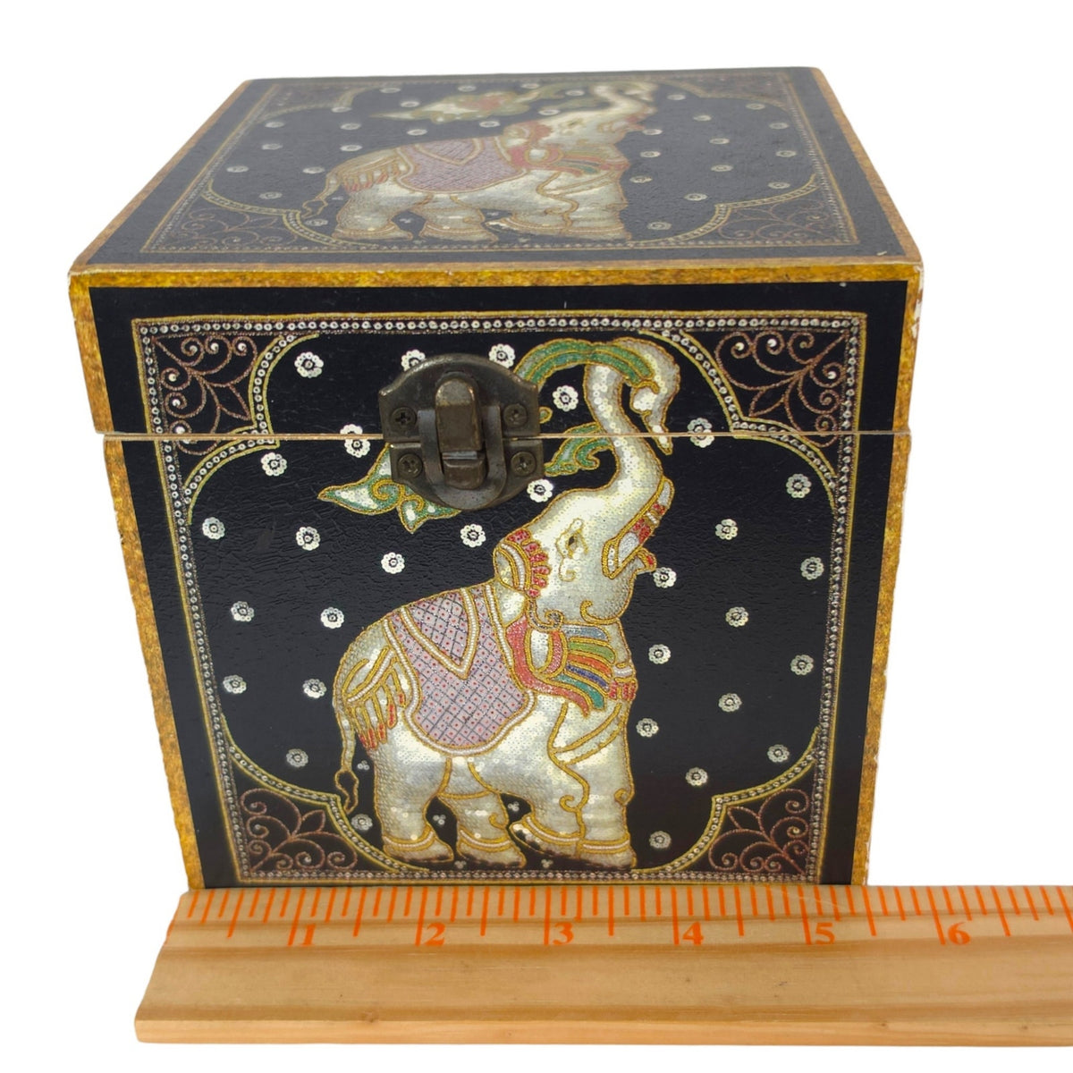 Hand Painted Wood Elephant Trinket Jewelry Box Black Gold Asian Decor