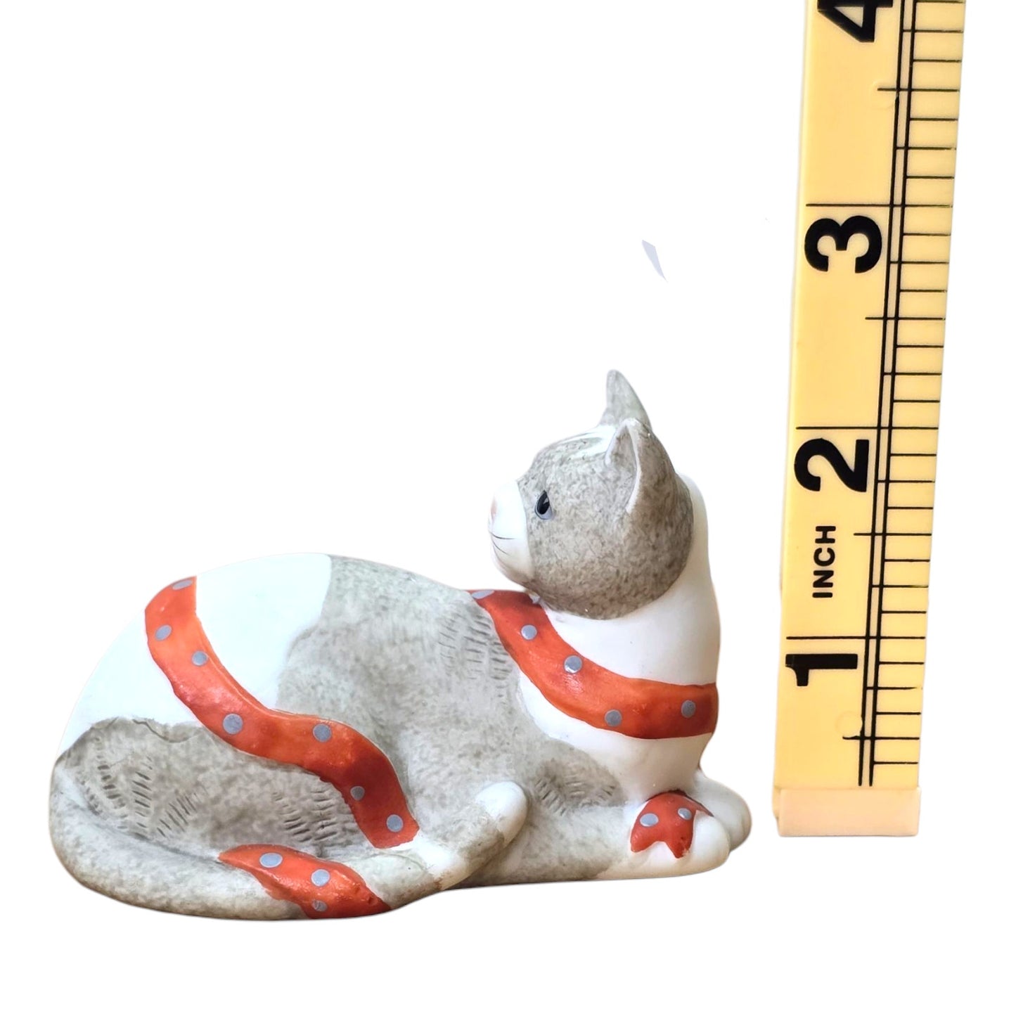 Vtg Silvestri Cat Figurine Handcrafted Taiwan Ceramic Gray White Orange Ribbon