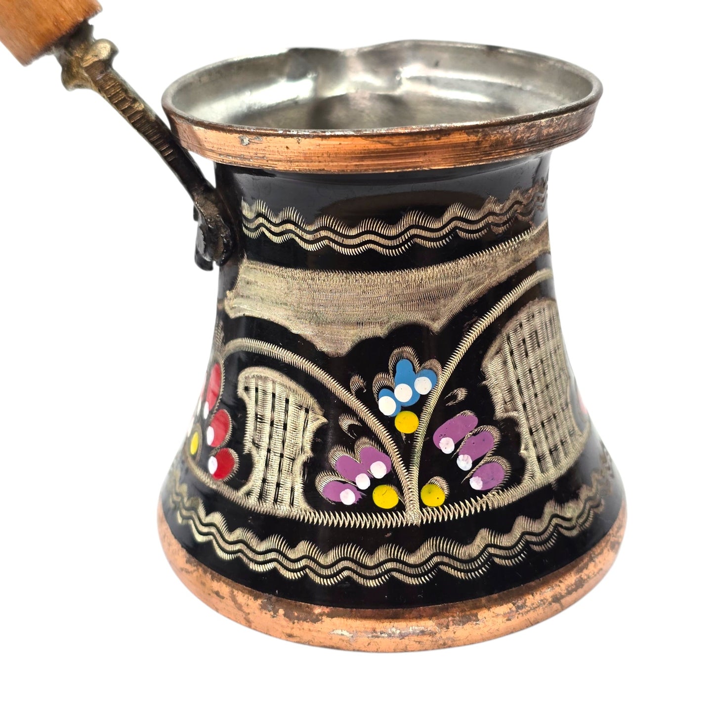 Vintage Hand Painted Copper Turkish Coffee Pot 6oz Enamel Floral Folk Art Cezve w/ Wood Handle