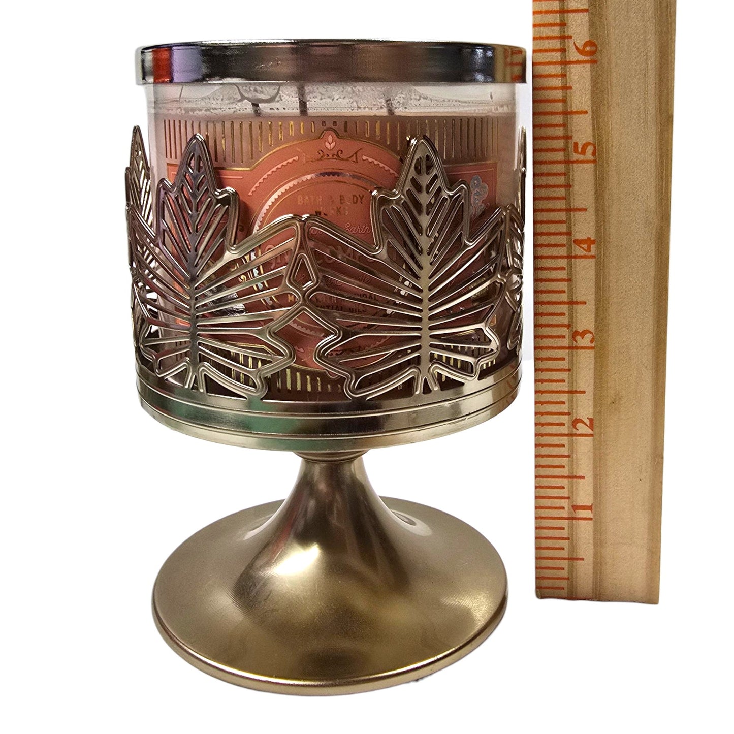 Bath & Body Works Gold Pedestal Maple Leaf Candle Holder + Peach on Earth Candle